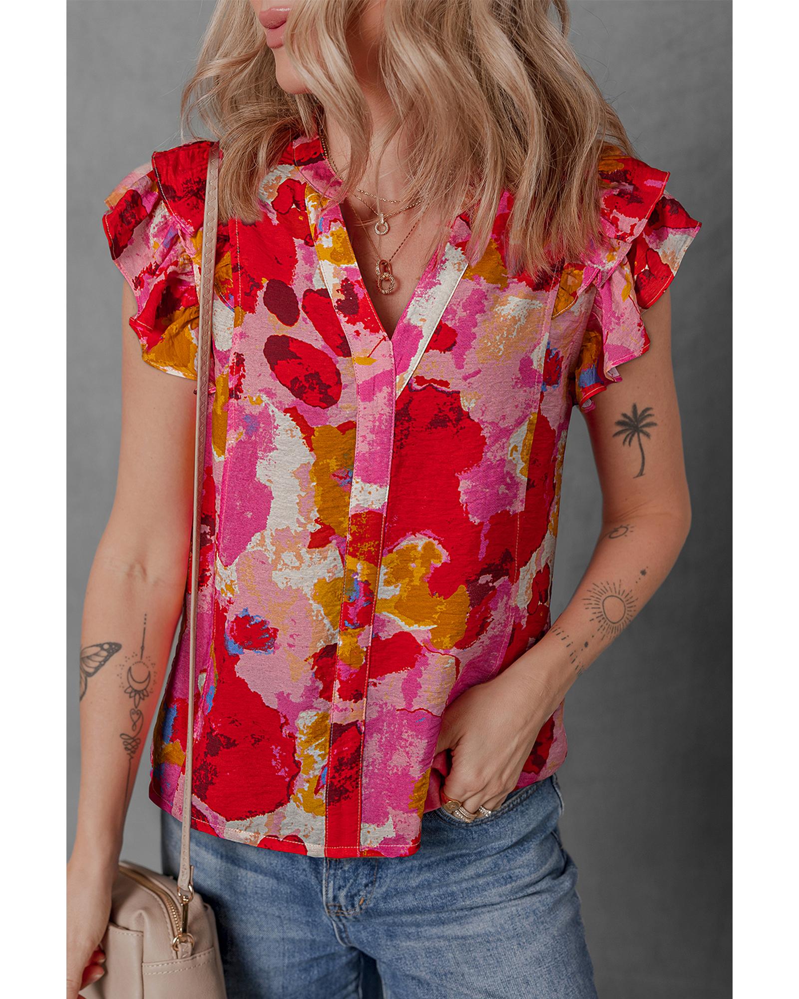 V539-AZEXDC25130786-P10320-L-202508271720-00 Red Abstract Print Split V Neck Ruffle Short Sleeve Blouse - L - Image 1
