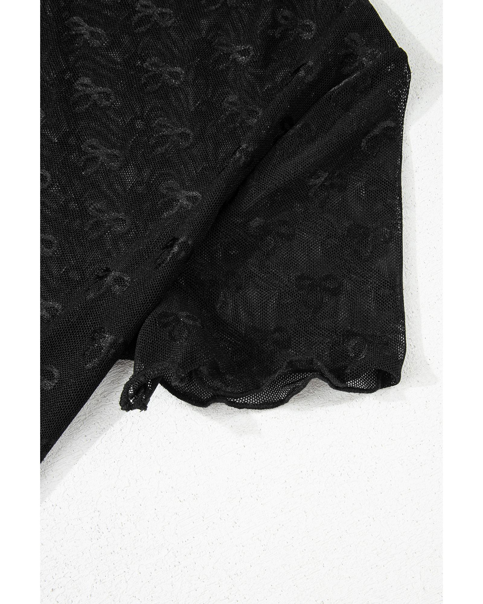 V539-AZEXDC25130844-P2-L-202508271045-00 Black Bowknot Sheer Mesh Mock Neck Lettuce Trim Short Sleeve Top - L - Image 1