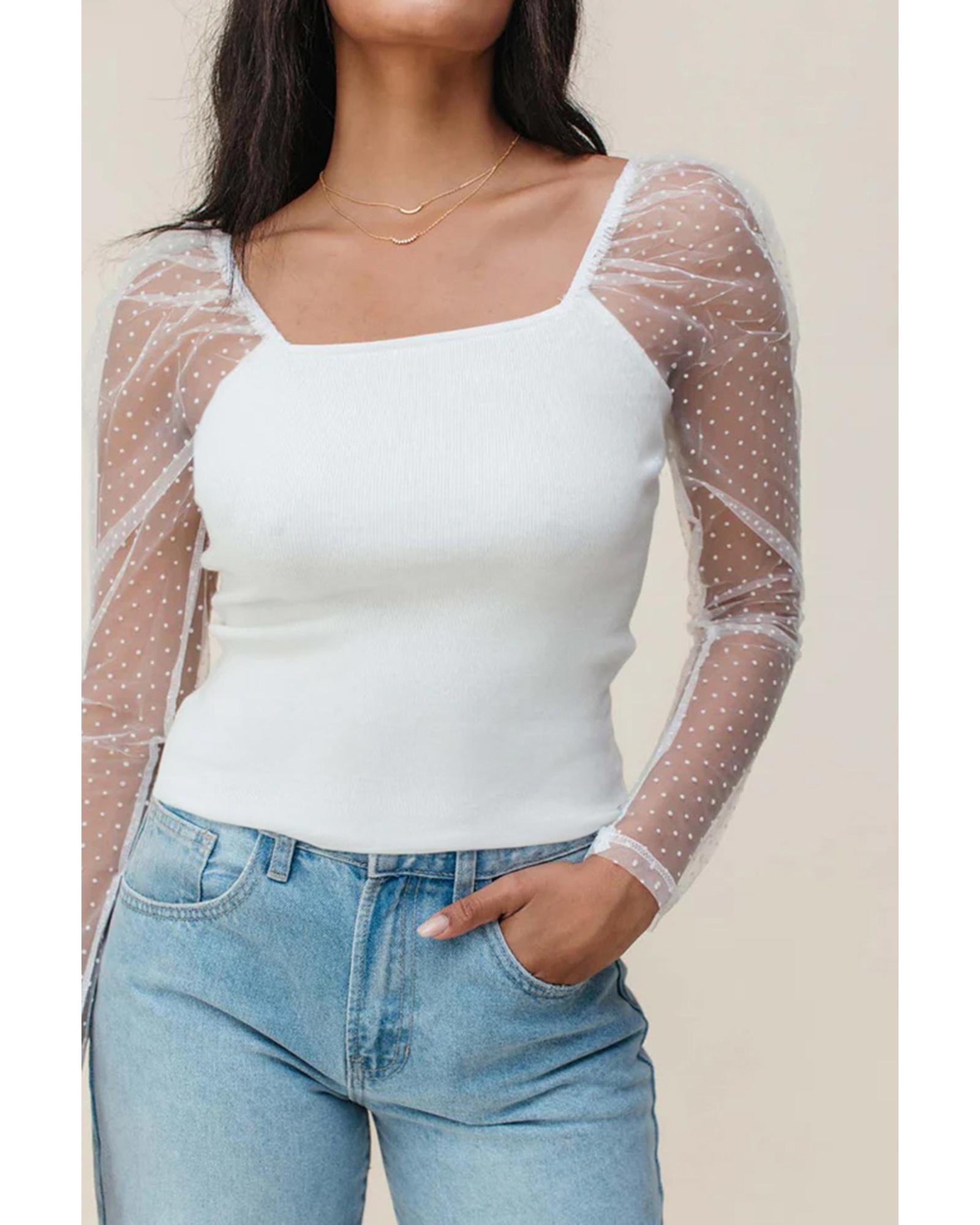 V539-AZEXDC25130858-P1-XL-202508271800-00 White Swiss Dot Mesh Long Sleeve Square Neck Slim Top - XL - Image 1