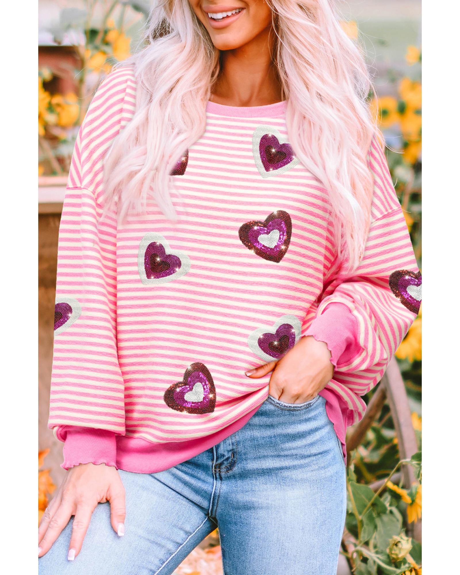 V539-AZEXDC25131024-P1019-XL-202508271810-00 Pink Stripe Sequin Heart Patched Pattern Long Sleeve Valentines Top - XL - Image 1