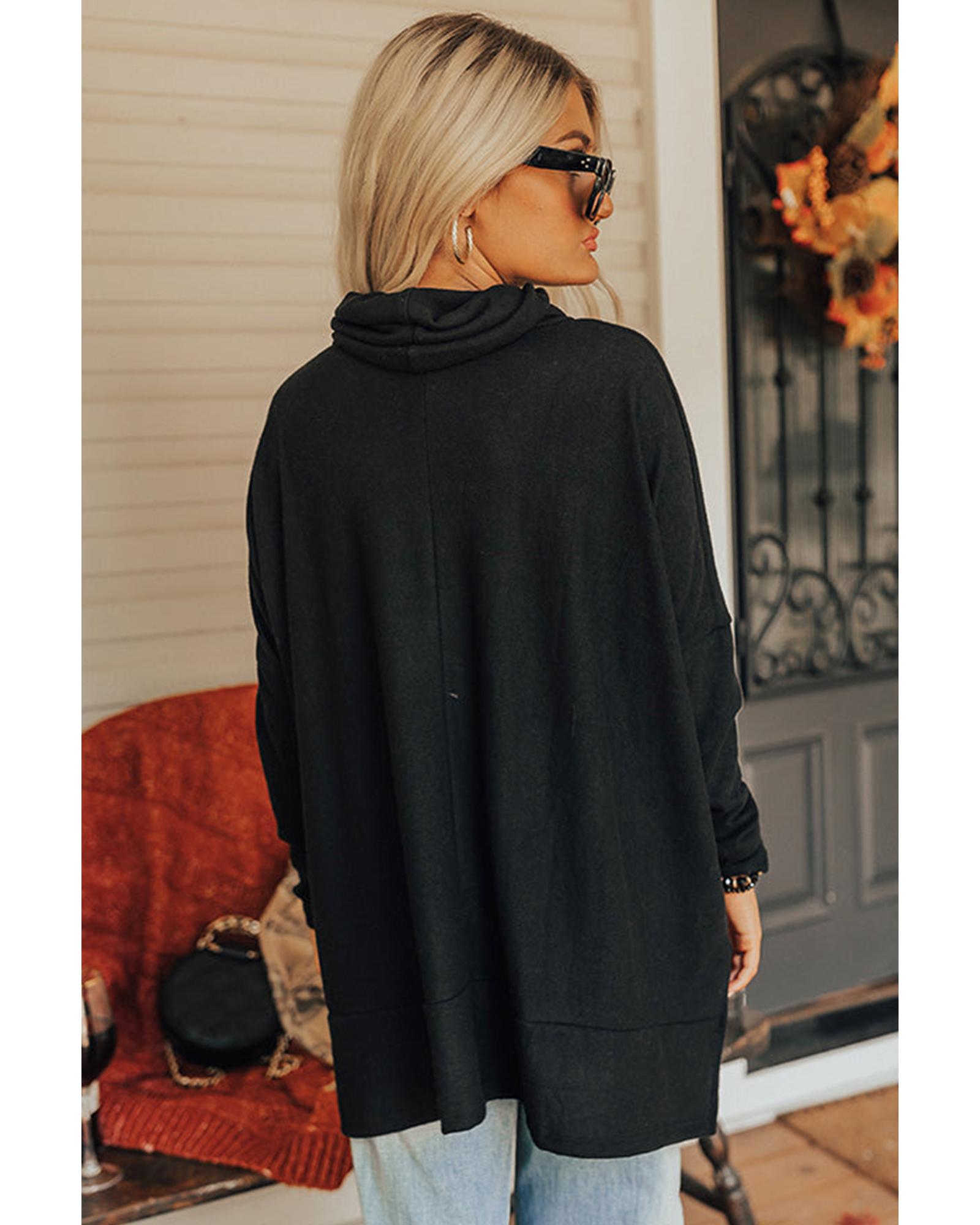 V539-AZEXDC25131025-P2-M-202508271915-00 Black Valentines Chenille Heart Patched Dolman Sleeve High Neck Split Top - M - Image 1