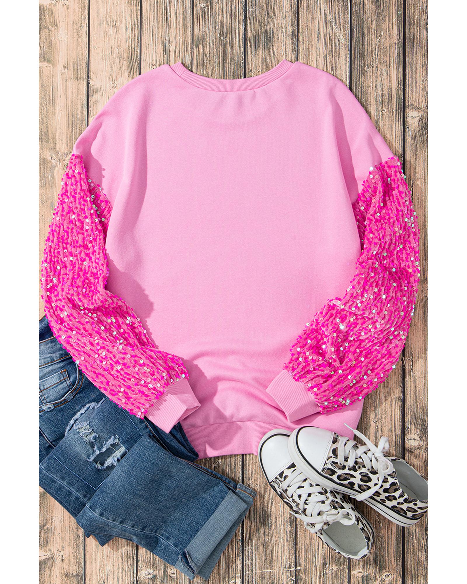 V539-AZEXDC25131026-P10-L-202508272340-00 Pink Leopard Heart Graphic Sequin Patchwork Long Sleeve Valentines Top - L - Image 1