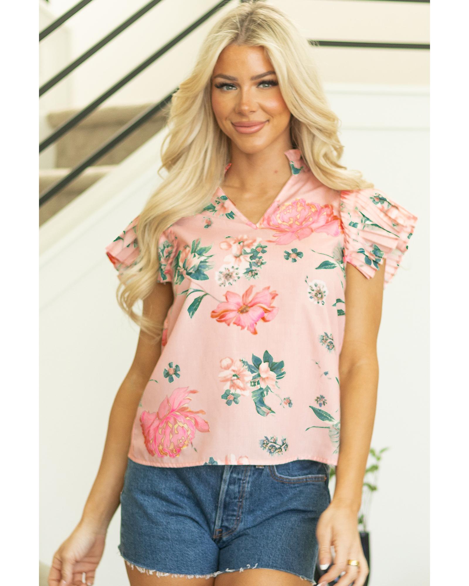 V539-AZEXDC25131130-P1020-L-202508271315-00 Pink Floral Print Frilled V Neck Pleated Sleeve Blouse - L - Image 1