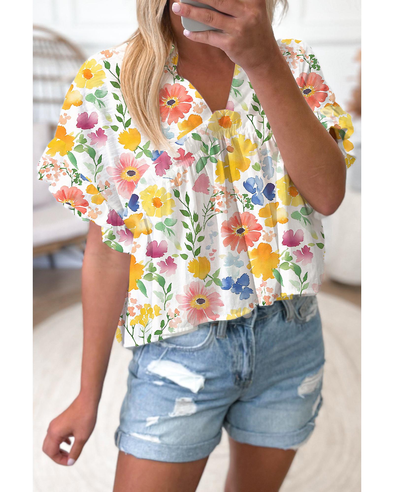 V539-AZEXDC25131346-P720-S-202506121330-00 Yellow Floral Boxy Fit Ruffled Short Sleeve V Neck Blouse - S - Image 1