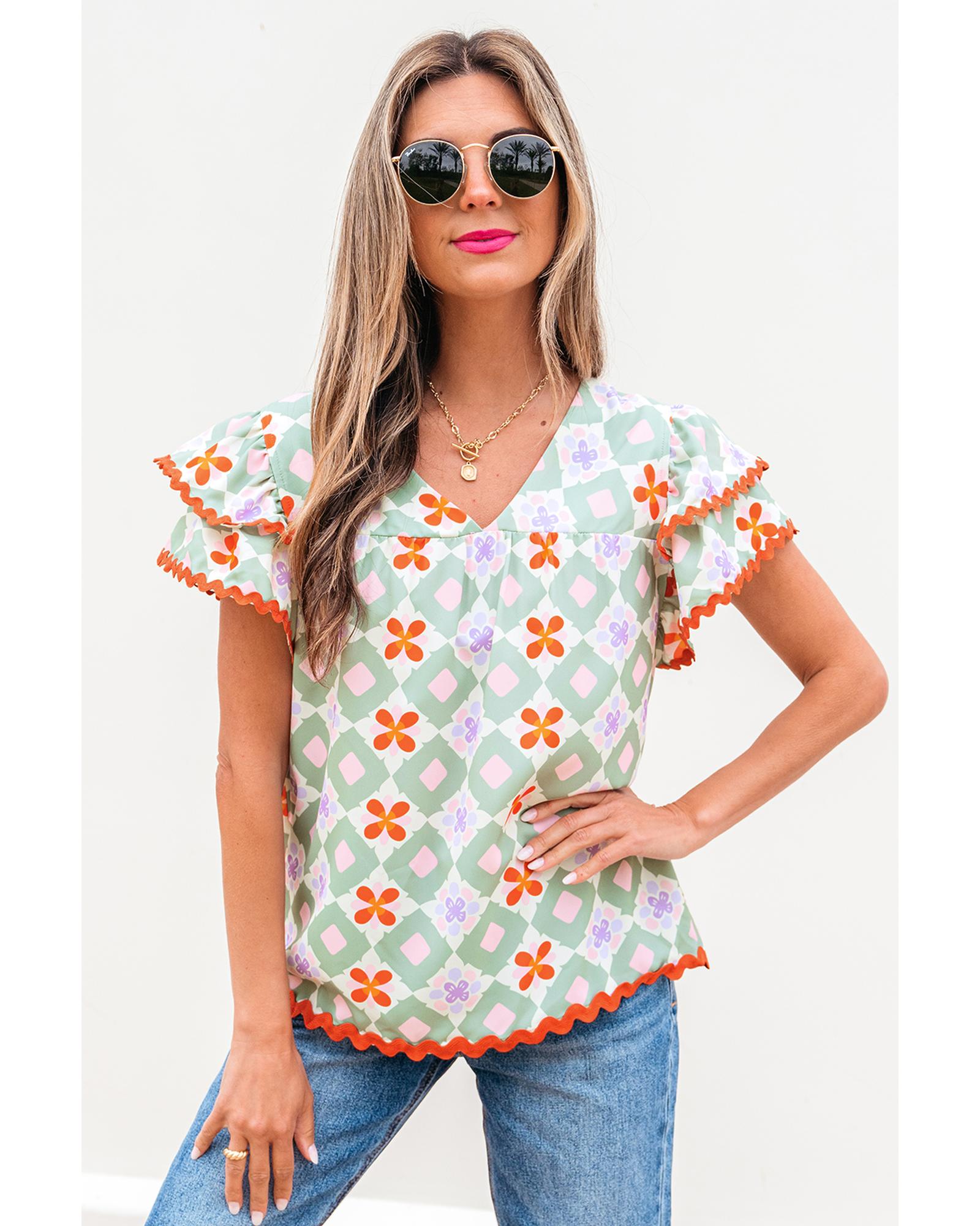 V539-AZEXDC25131561-P920-S-202506121353-00 Green Geometric Floral Print Layered Flutter Sleeve V Neck Ric Rac Trim Blouse - S - Image 1