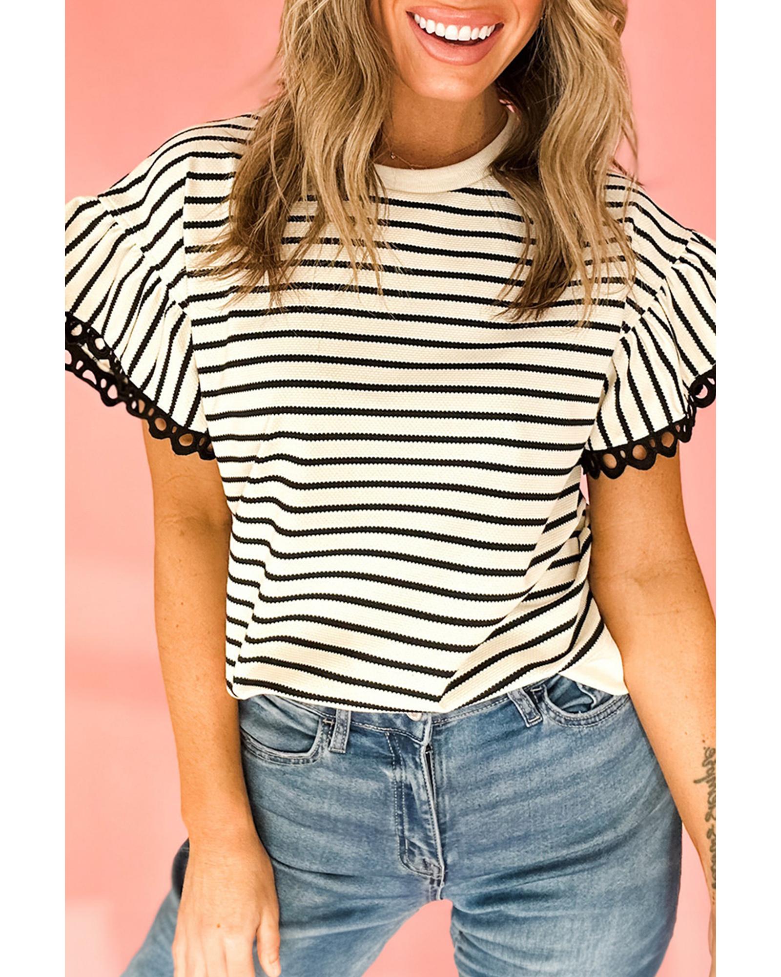 V539-AZEXDC25131566-P219-S-202506121406-00 Black Stripe Scallop Lace Trim Ruffle Short Sleeves Crewneck Top - S - Image 1