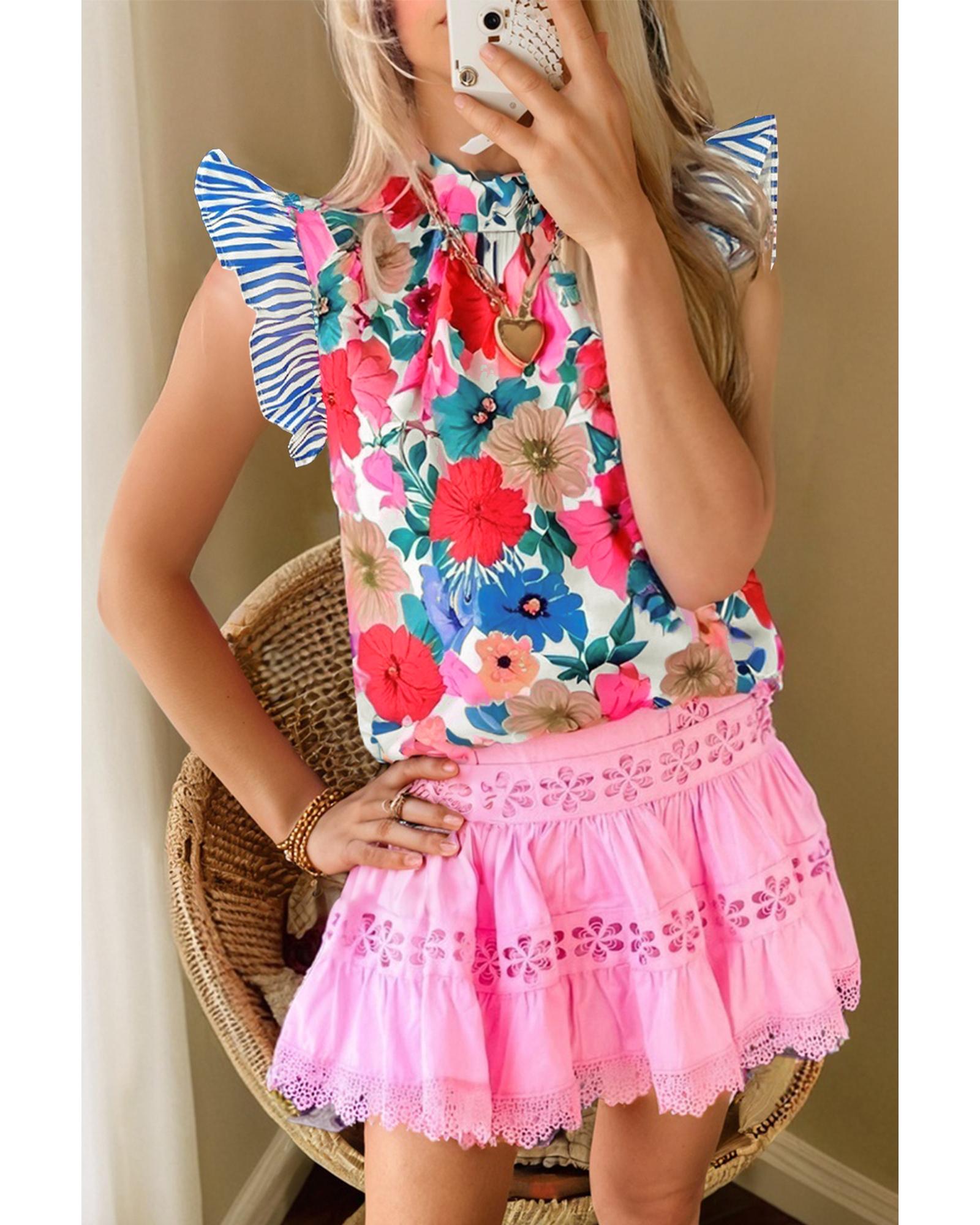V539-AZEXDC25131612-P420-M-202508270720-00 Sky Blue Floral Mock Neck Striped Flutter Sleeve Blouse - M - Image 1