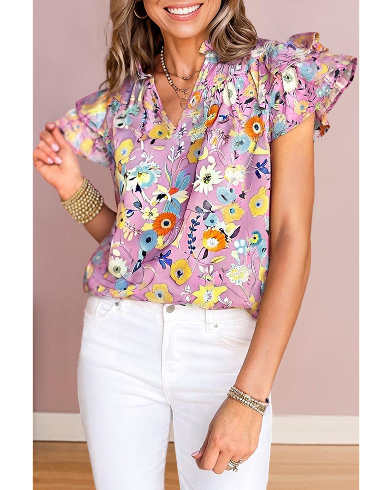 V539-AZEXDC25131619-P1020-M-202508271335-00 Pink Flutter Sleeve V Neck Floral Top - M - Image 1