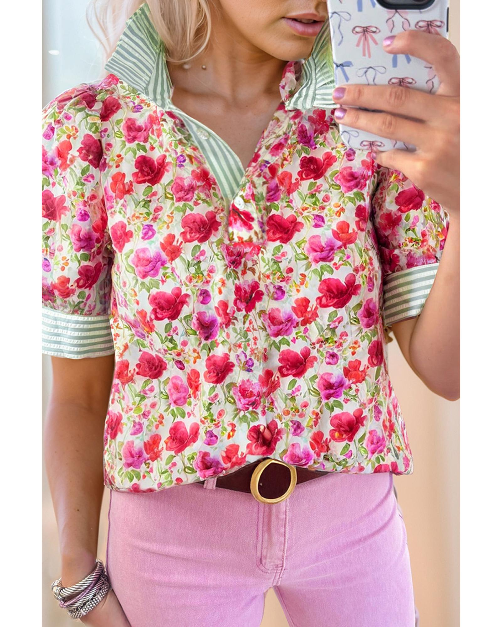 V539-AZEXDC25131787-P10320-S-202506121431-00 Red Floral Print Striped Patchwork Collared Short Sleeve Blouse - S - Image 1