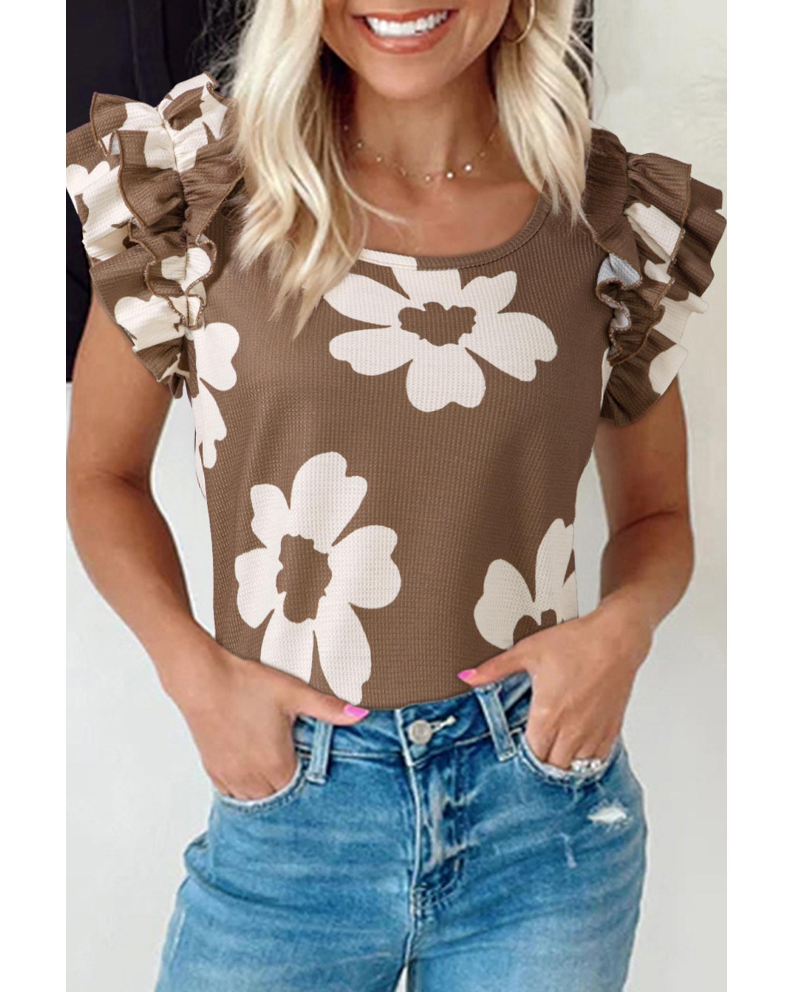 V539-AZEXDC25131875-P1720-S-202506121437-00 Brown Floral Textured Ruffled Short Sleeve Square Neck Blouse - S - Image 1