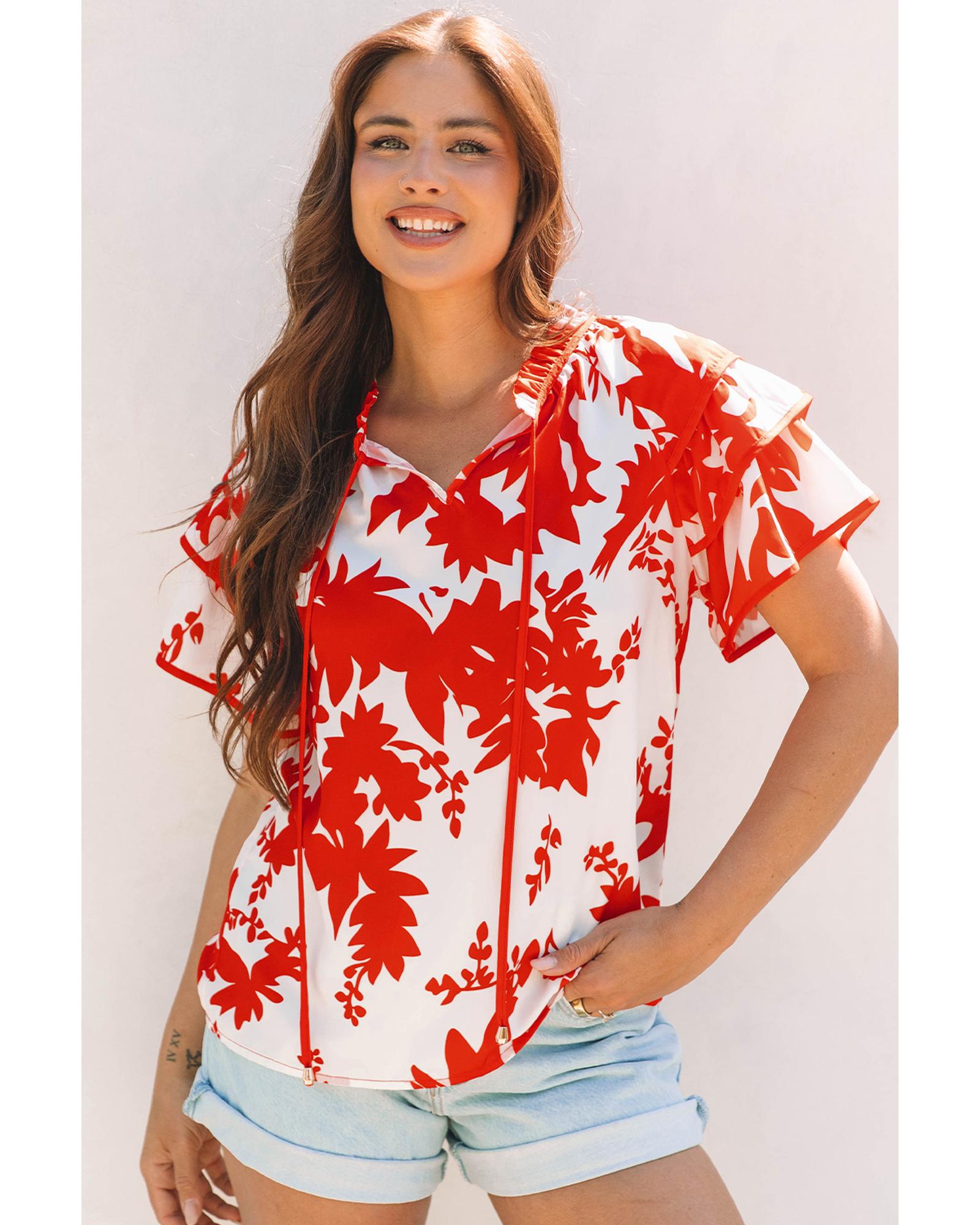 V539-AZEXDC25131947-P10320-S-202506120842-00 Red Plant Print Tiered Ruffled Sleeve V Neck Blouse - S - Image 1