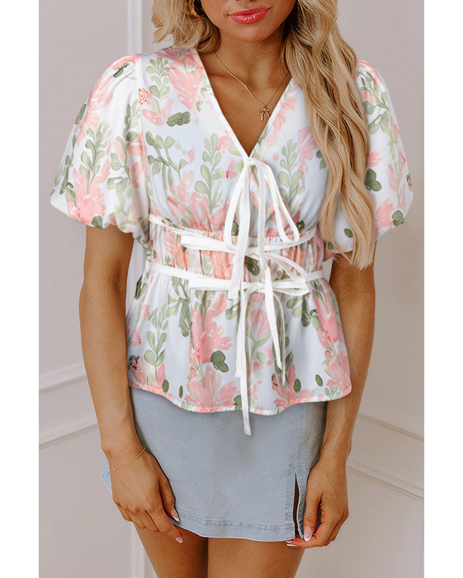 V539-AZEXDC25131993-P1020-XL-202508270420-00 Pink Floral Puff Sleeve V Neck Tied Front Peplum Blouse - XL - Image 1