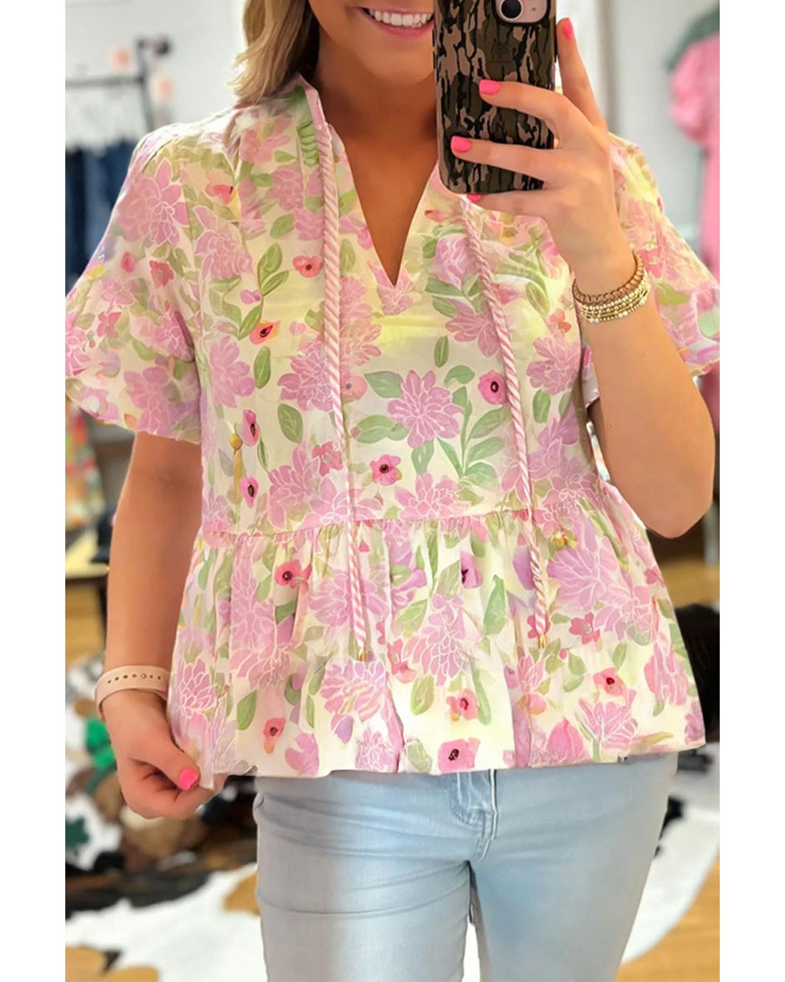 V539-AZEXDC25132084-P1020-L-202508271300-00 Pink Floral Print Drawstring V Neck Peplum Blouse - L - Image 1