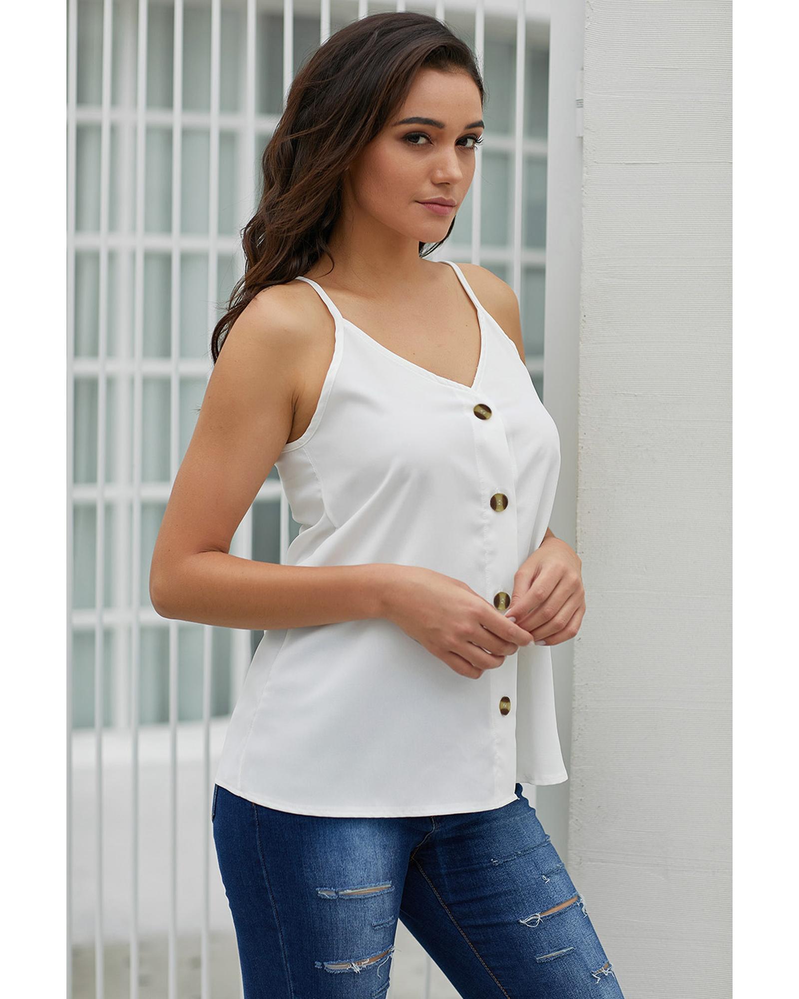 V539-AZEXDC251835-1-S-202506120927-00 White Spaghetti Strap Buttoned Tank Top - S - Image 1