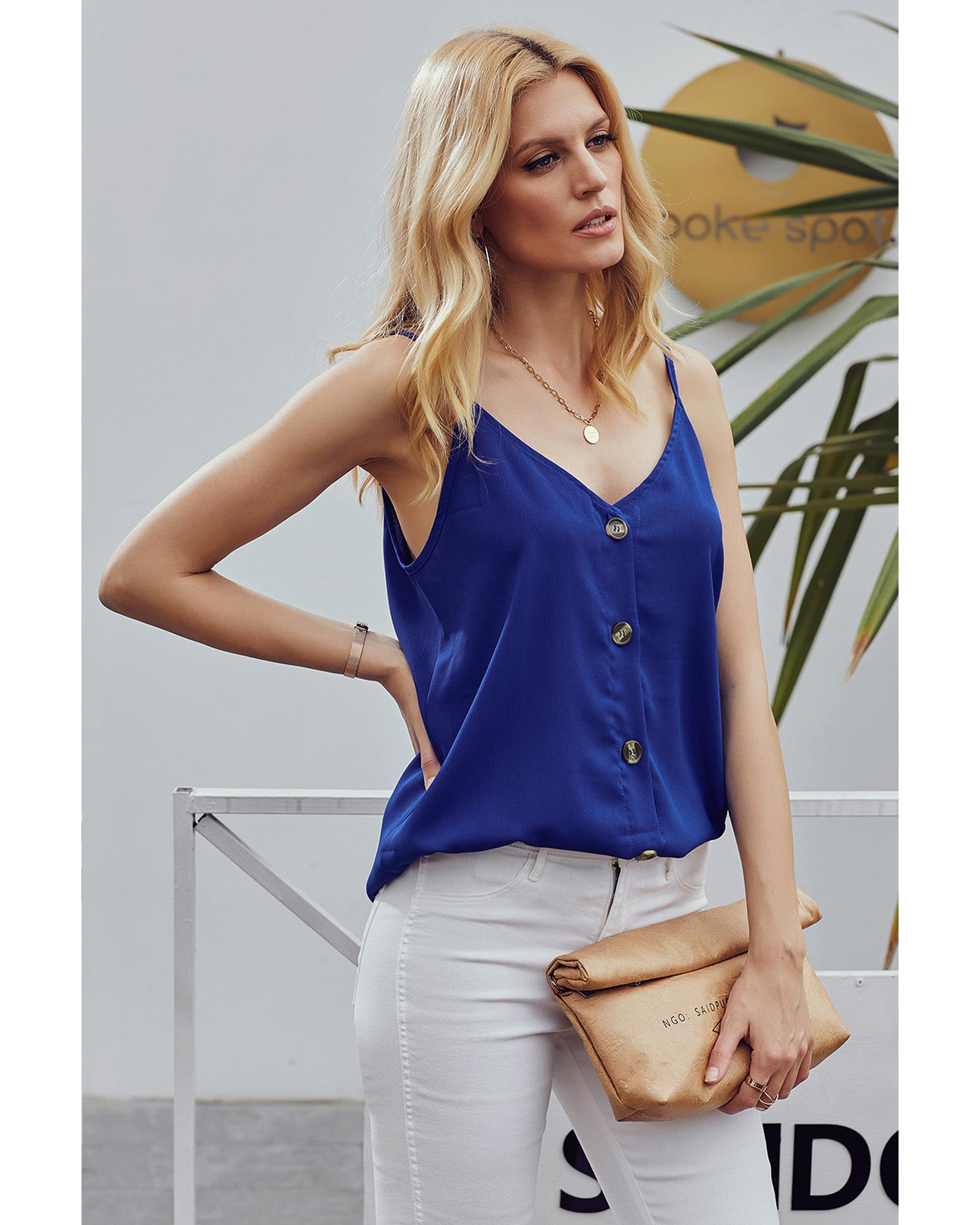 V539-AZEXDC251835-5-M-202508271230-00 Azura Exchange Blue Spaghetti Strap Buttoned Tank Top - M - Image 1