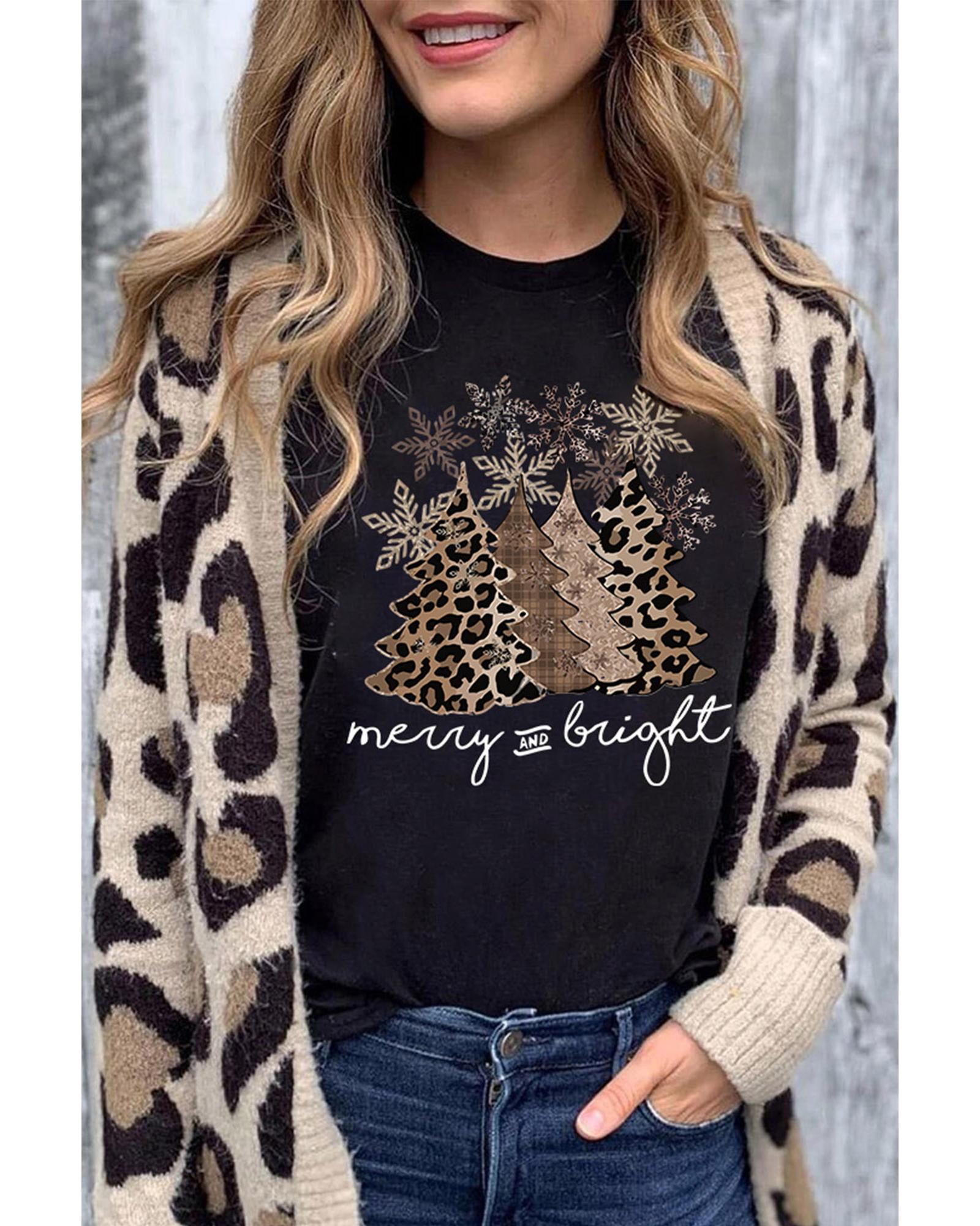 V539-AZEXDC25219027-2-S-163341-00 Azura Exchange Leopard Christmas Tree Graphic Print T-Shirt - S - Image 1