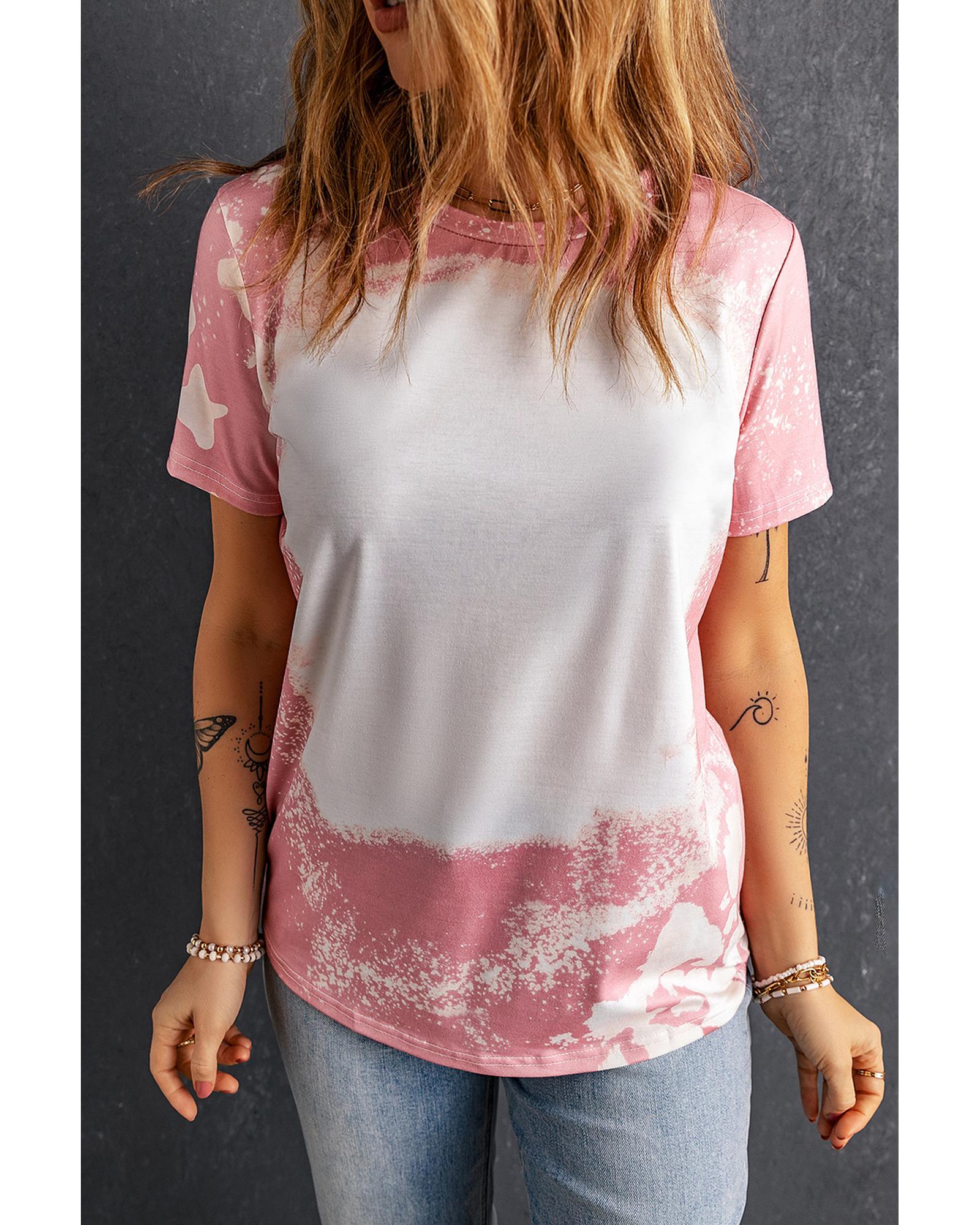 V539-AZEXDC25219060-10-L-202508272320-00 Pink Tie Dye Color Bleached Short Sleeve T Shirt - L - Image 1