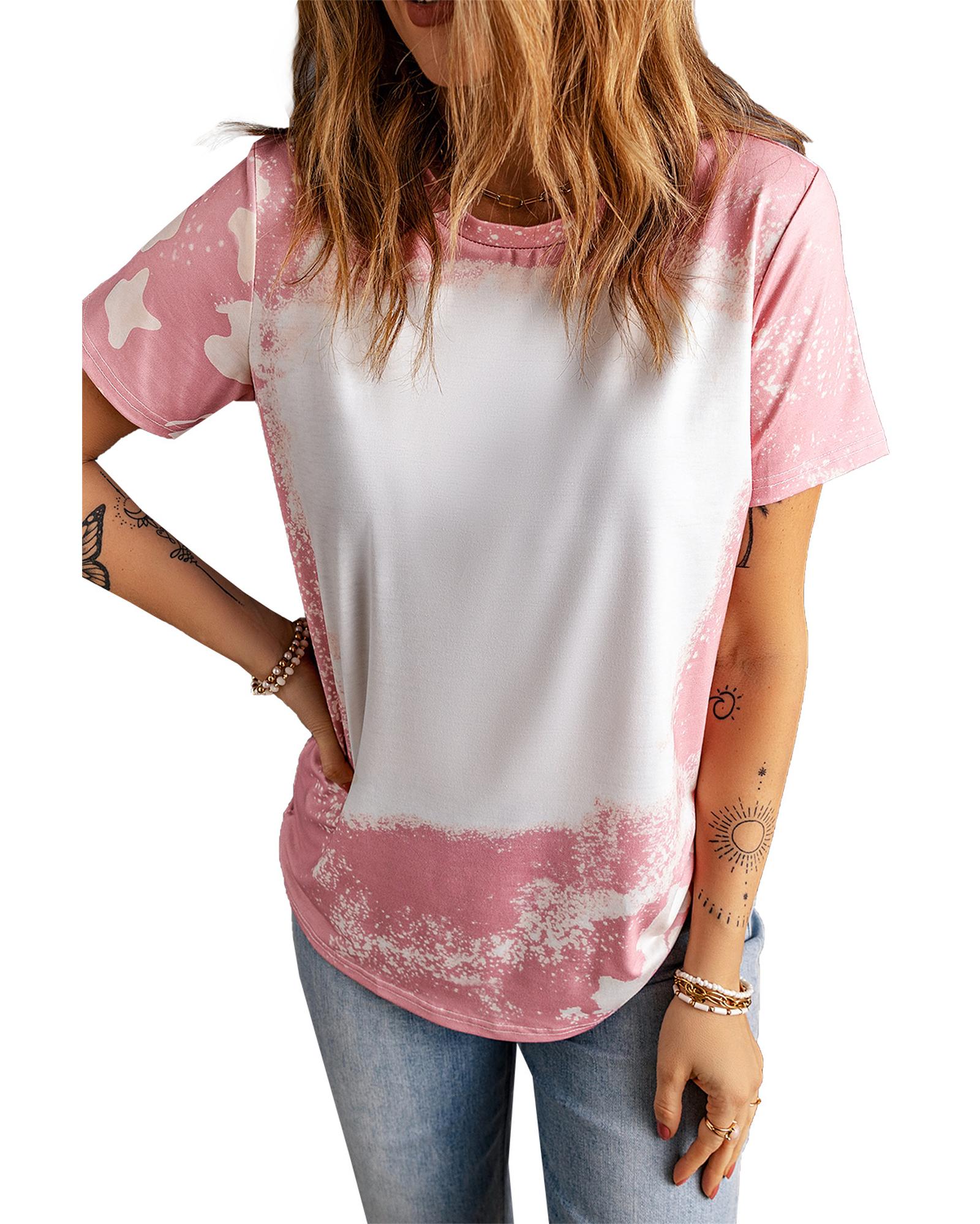 V539-AZEXDC25219060-10-M-202508270135-00 Pink Tie Dye Color Bleached Short Sleeve T Shirt - M - Image 1
