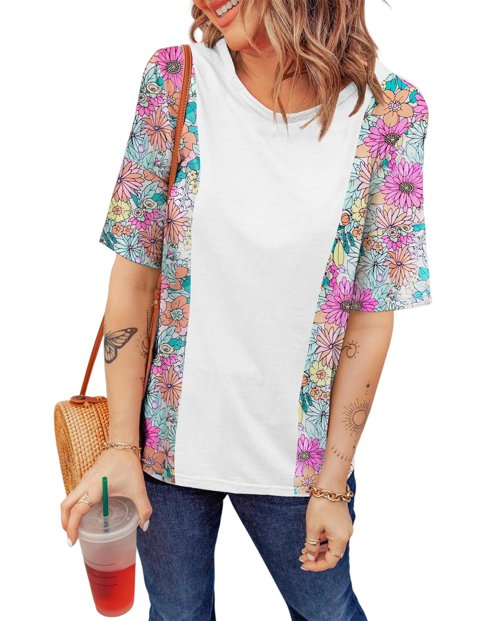 V539-AZEXDC25220804-1-M-202508262315-00 Azura Exchange Patchwork Floral Print Short Sleeve Top - M - Image 1
