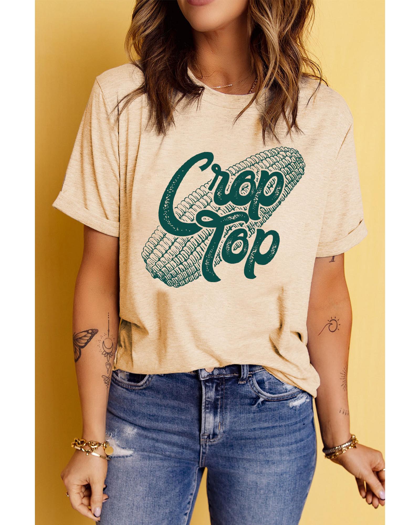 V539-AZEXDC25220941-16-S-202506121035-00 Khaki Corn Crop Top Graphic Tee - S - Image 1