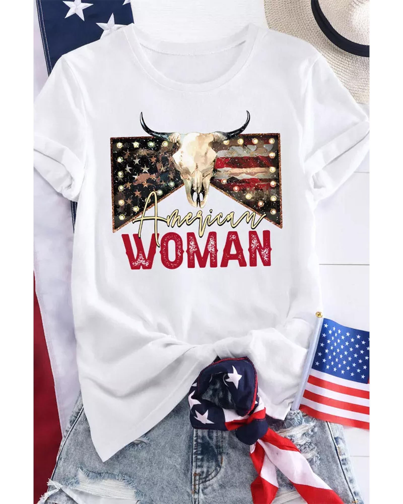 V539-AZEXDC25221652-1-M-202508272345-00 White American Woman Bull Skull Graphic T Shirt - M - Image 1
