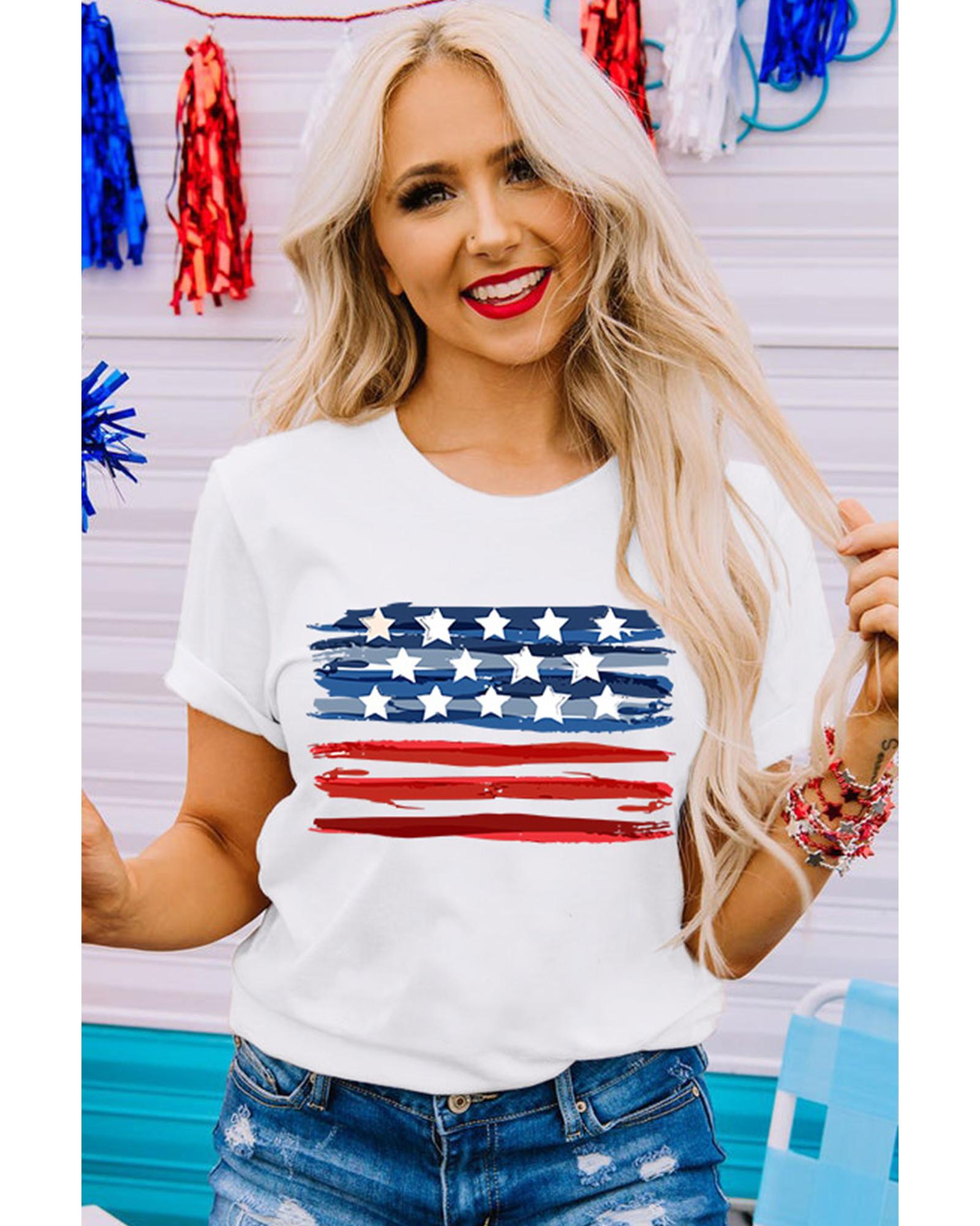 V539-AZEXDC25221722-1-2XL-202508271050-00 White American Flag Graphic Fashion Tee - 2XL - Image 1