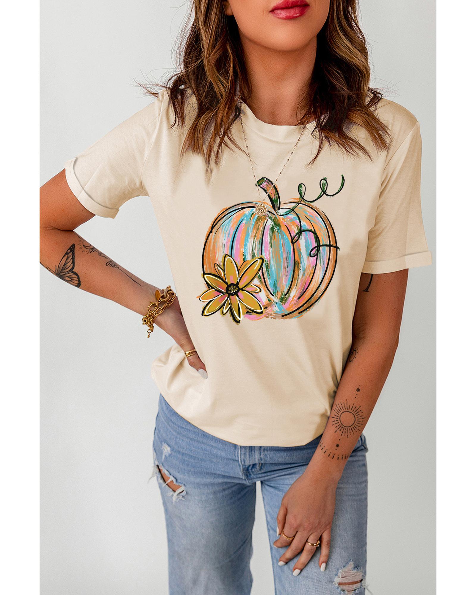 V539-AZEXDC25222172-16-M-202508270355-00 Khaki Pumpkin with Flower Graphic T Shirt - M - Image 1