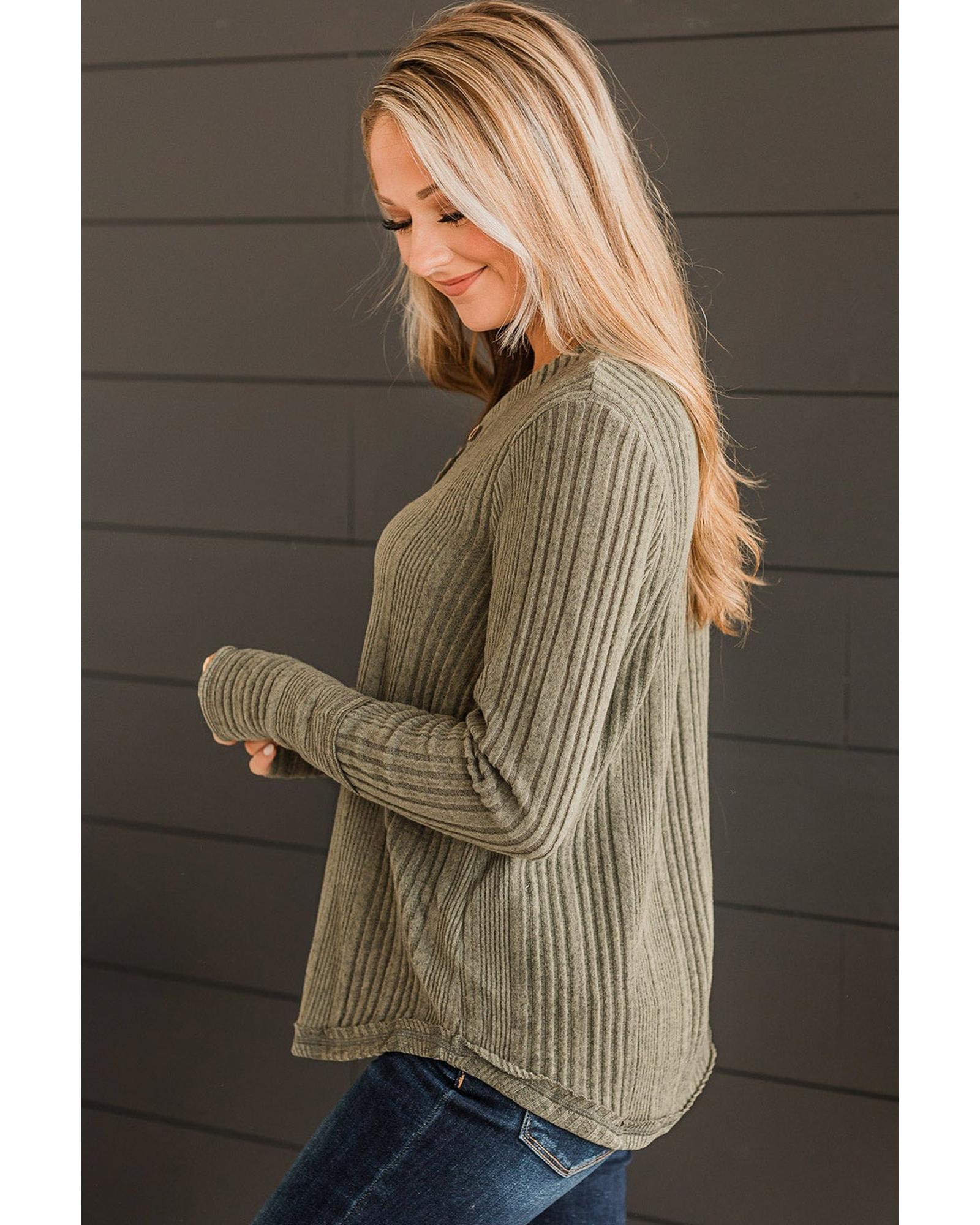 V539-AZEXDC25222851-P609-L-202508272250-00 Jungle Green V Neck Buttoned Ribbed Knit Top - L - Image 1