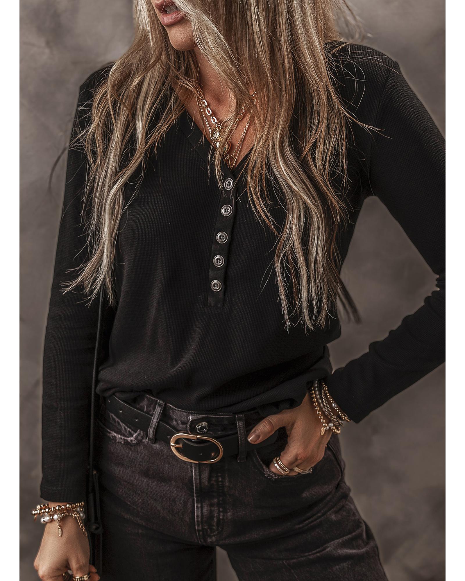 V539-AZEXDC25223274-P2-XL-202508271145-00 Black Buttoned V Neck Long Sleeve Ribbed Top - XL - Image 1