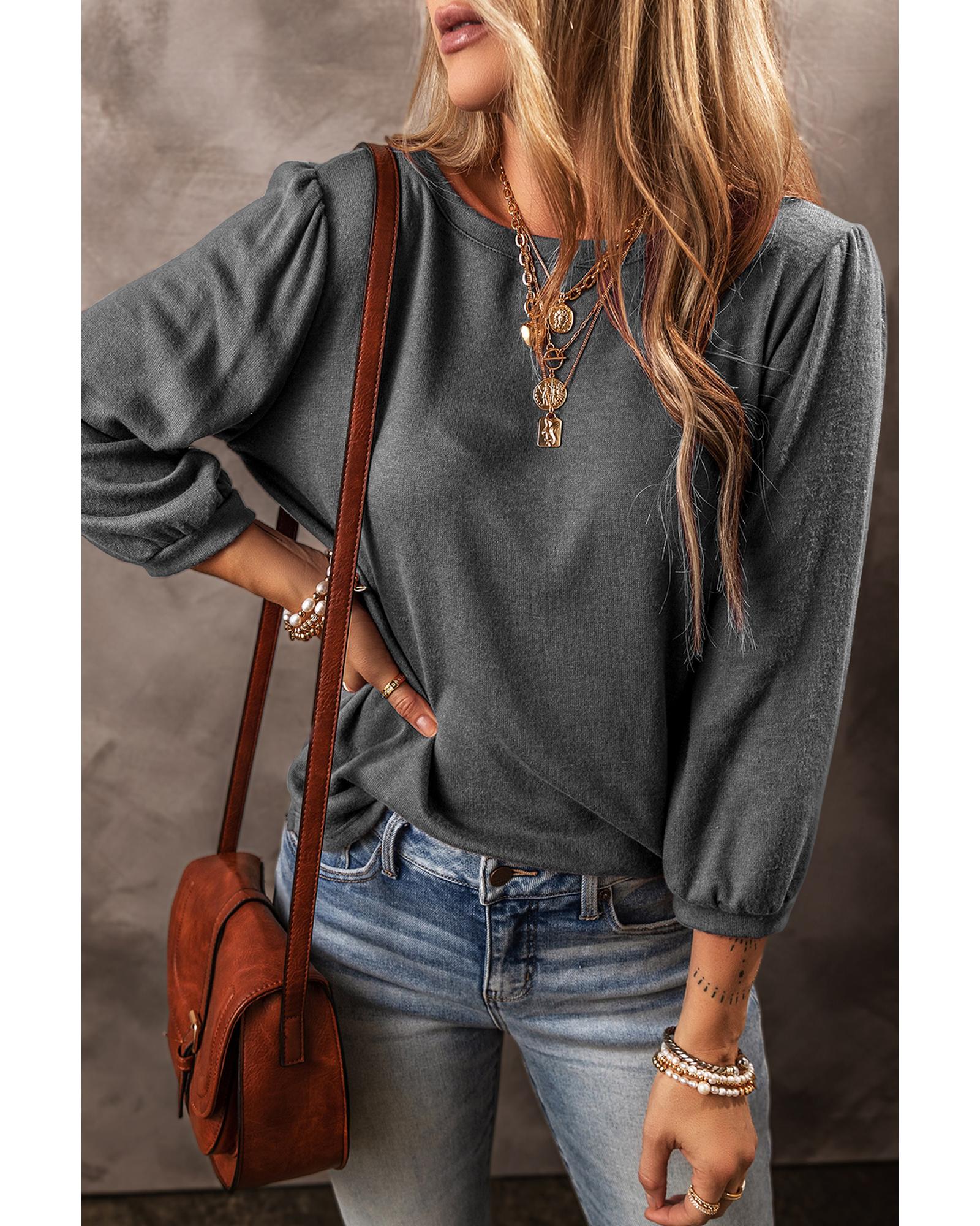 V539-AZEXDC25223280-P3011-S-202508271550-00 Medium Grey Solid Color 3/4 Sleeve Round Neck Blouse - S - Image 1