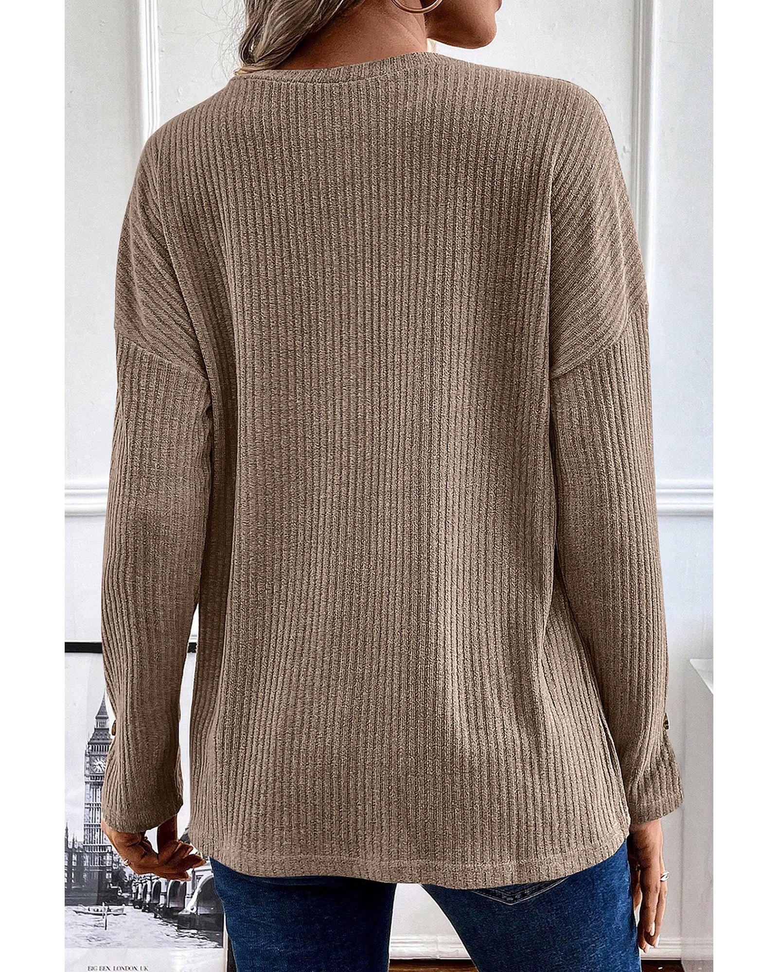 V539-AZEXDC25223369-P5016-L-202506120845-00 Pale Khaki Rib Textured Henley Knit Top - L - Image 1