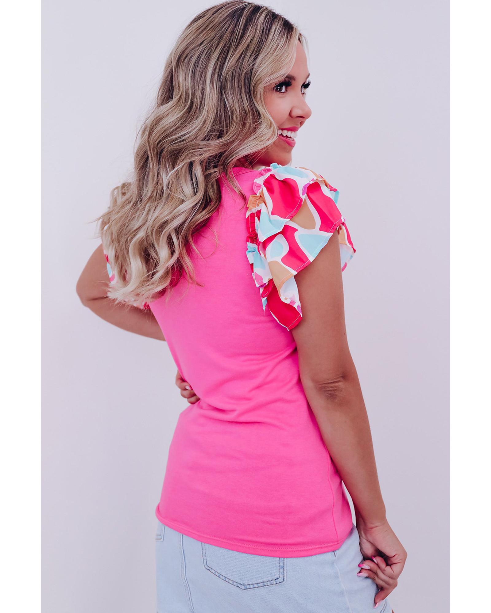 V539-AZEXDC25223645-P3010-M-202508270450-00 Bonbon V Neck Printed Ruffle Sleeve Patchwork T-shirt - M - Image 1