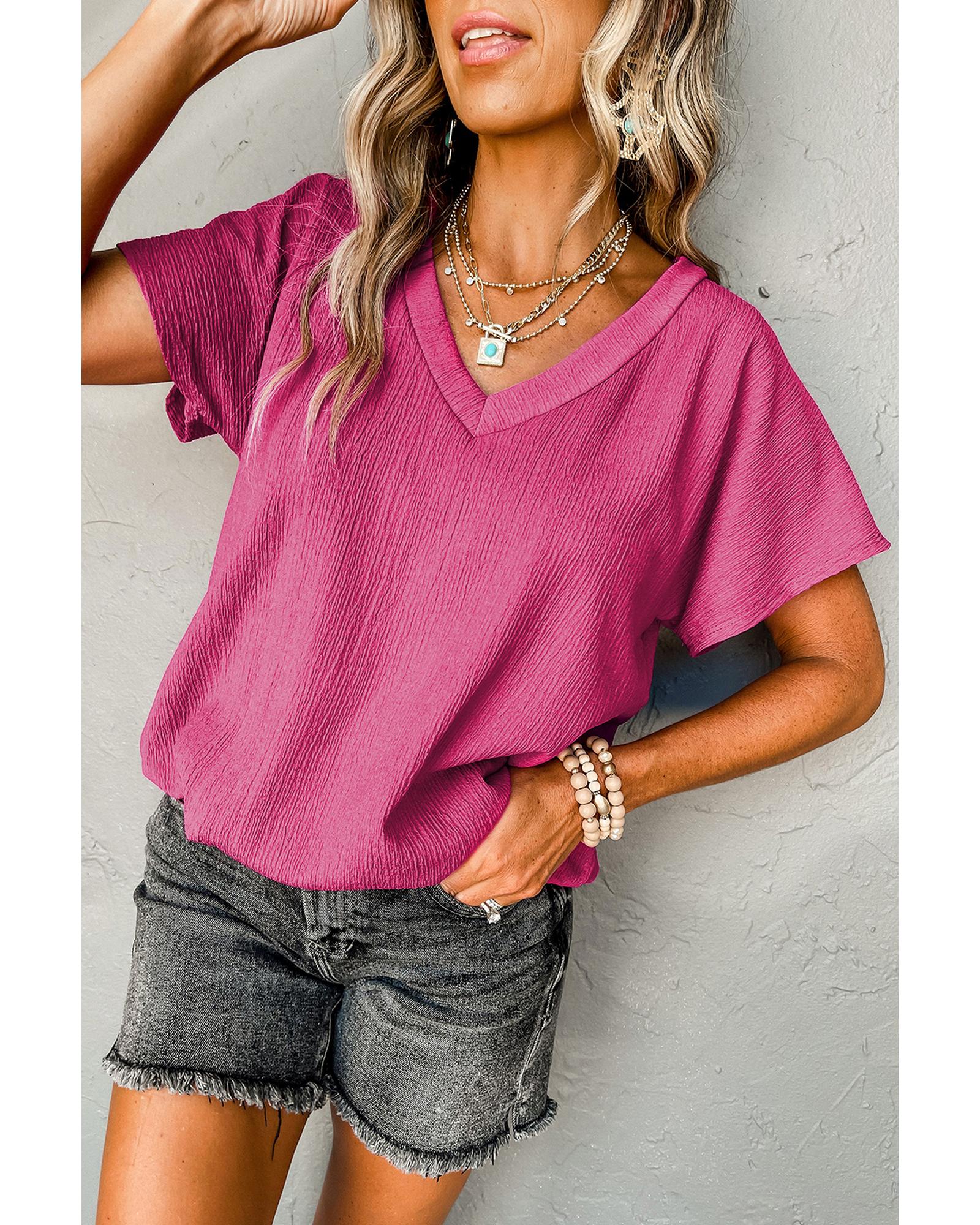 V539-AZEXDC25223652-P106-S-202508271740-00 Bright Pink Crinkled V Neck Wide Sleeve T-shirt - S - Image 1