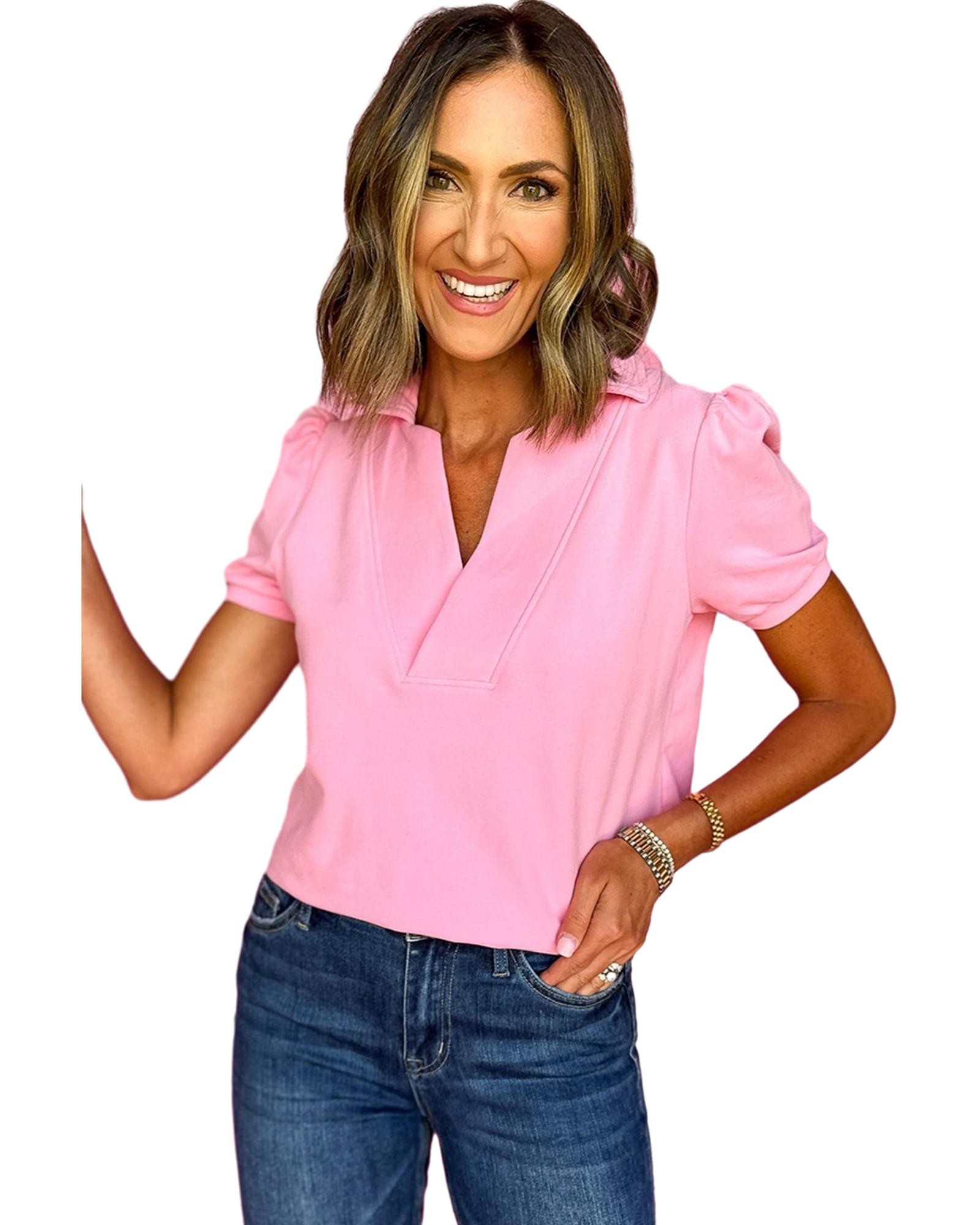 V539-AZEXDC25223715-P10-L-202508271615-00 Pink Collared V Neck Puff Sleeve T-shirt - L - Image 1