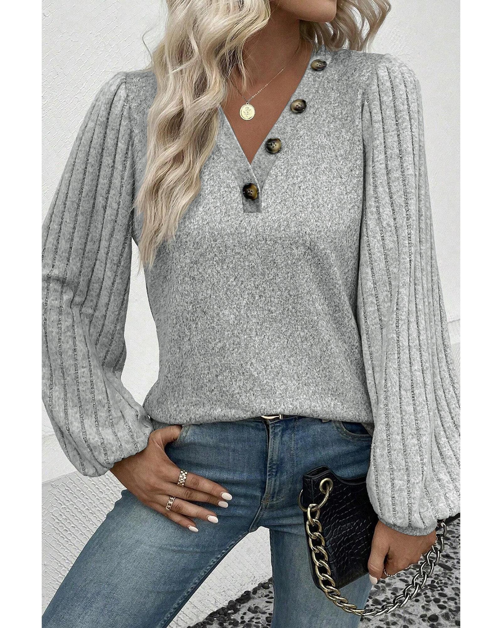 V539-AZEXDC25223967-P1011-S-202506121131-00 Azura Exchange Light Grey Buttoned V Neck Ribbed Puff Sleeve Top - S - Image 1