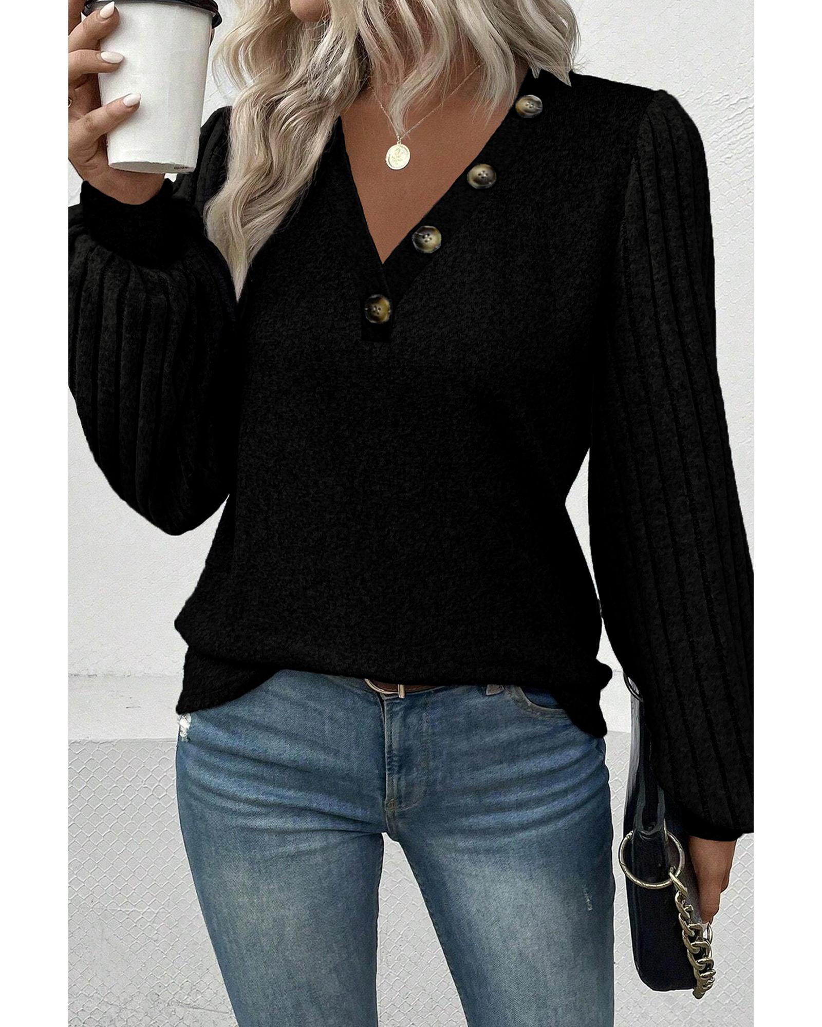 V539-AZEXDC25223967-P2-M-202506121132-00 Azura Exchange Black Buttoned V Neck Ribbed Puff Sleeve Top - M - Image 1