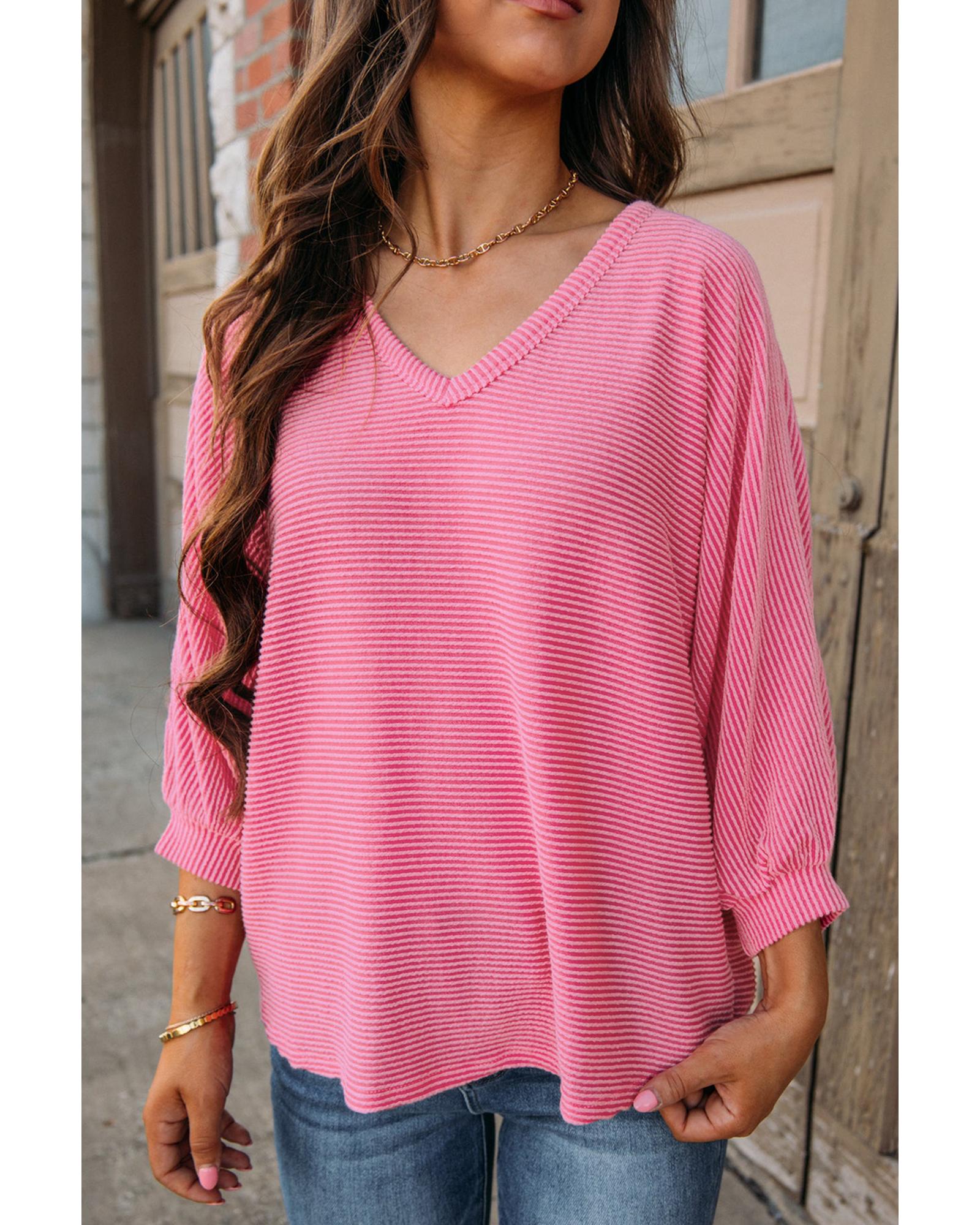 V539-AZEXDC25224107-P306-S-202506121142-00 Strawberry Pink Striped Print Bracelet Sleeve V Neck Top - S - Image 1