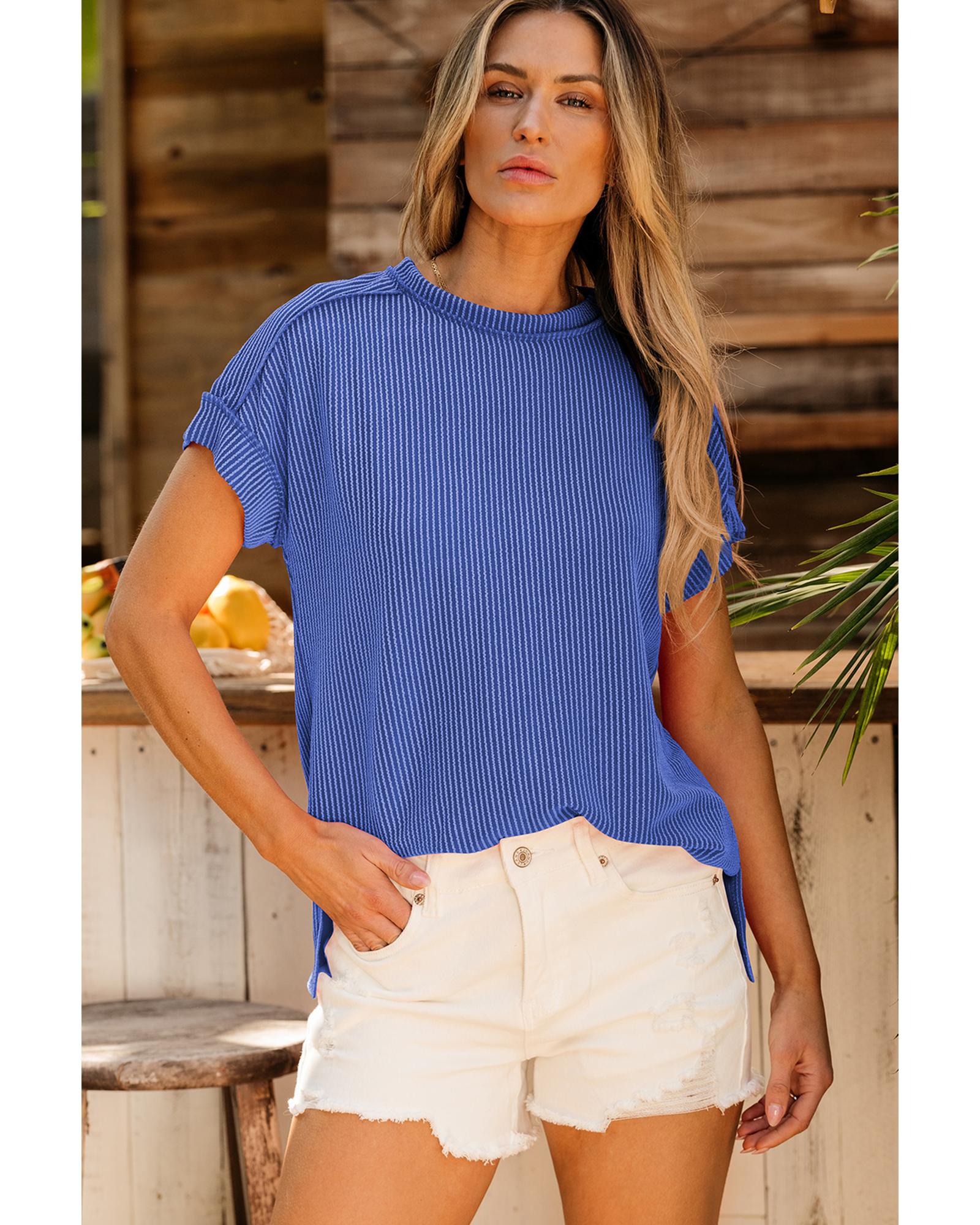 V539-AZEXDC25224229-P5-XL-202508271915-00 Dark Blue Textured Knit Exposed Stitching T-shirt - XL - Image 1
