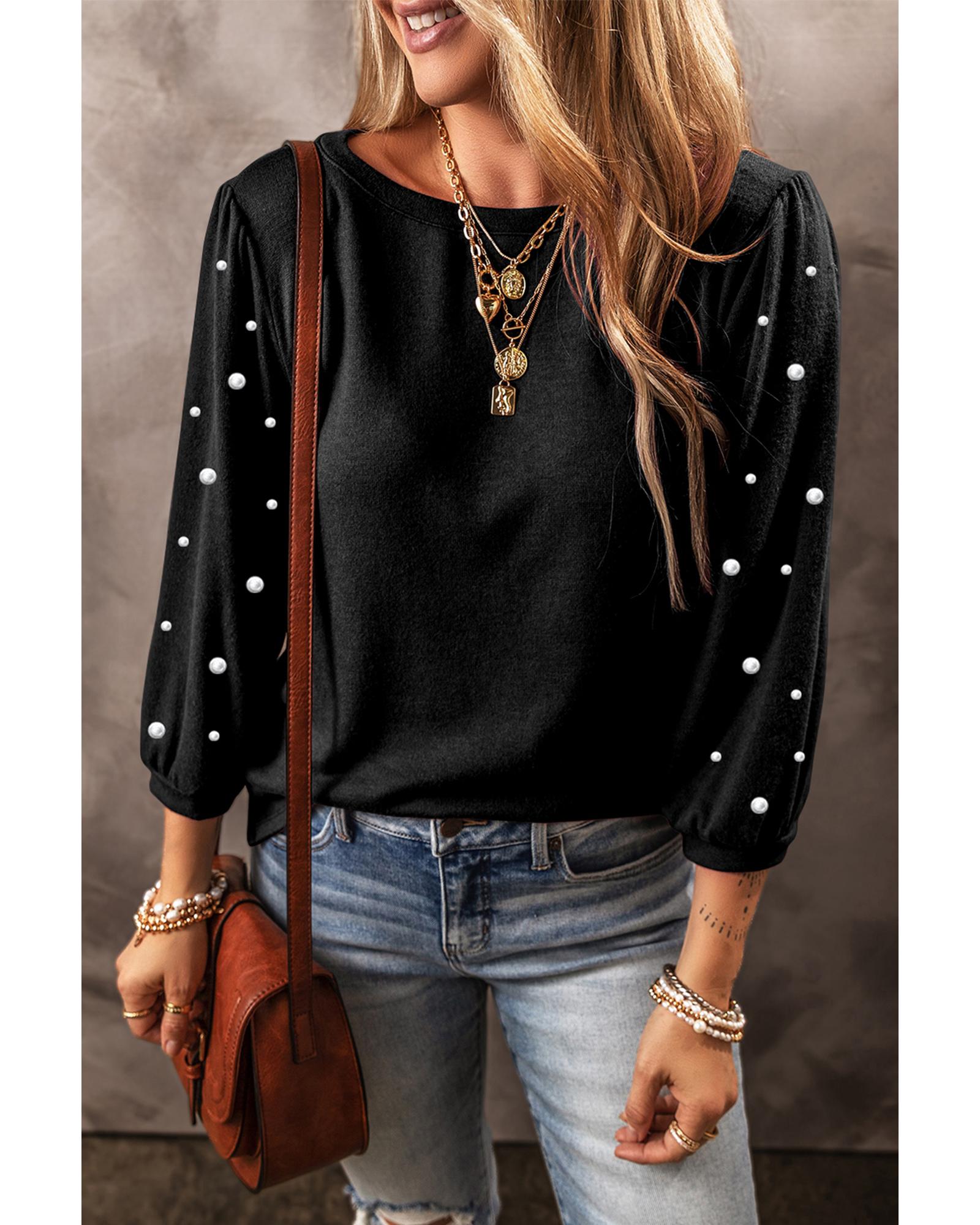 V539-AZEXDC25224285-P2-L-202506121210-00 Black Pearl Decor 3/4 Sleeve Crew Neck T Shirt - L - Image 1