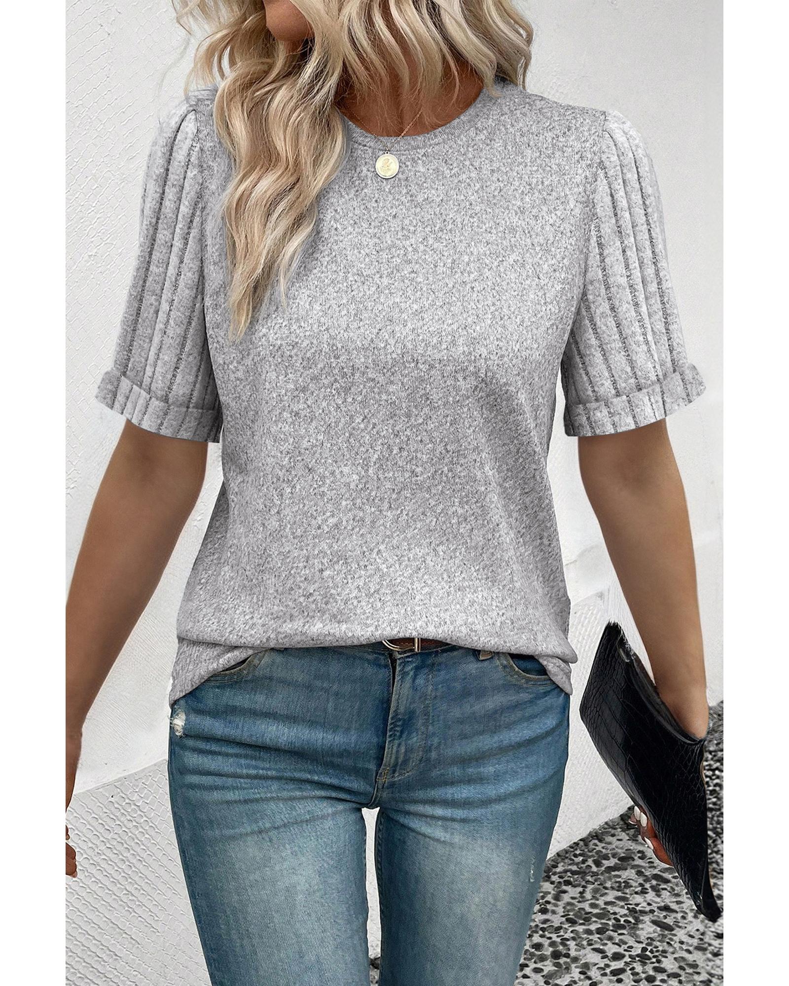V539-AZEXDC25224394-P11-S-202506121236-00 Gray Ribbed Splicing Sleeve Round Neck T-shirt - S - Image 1