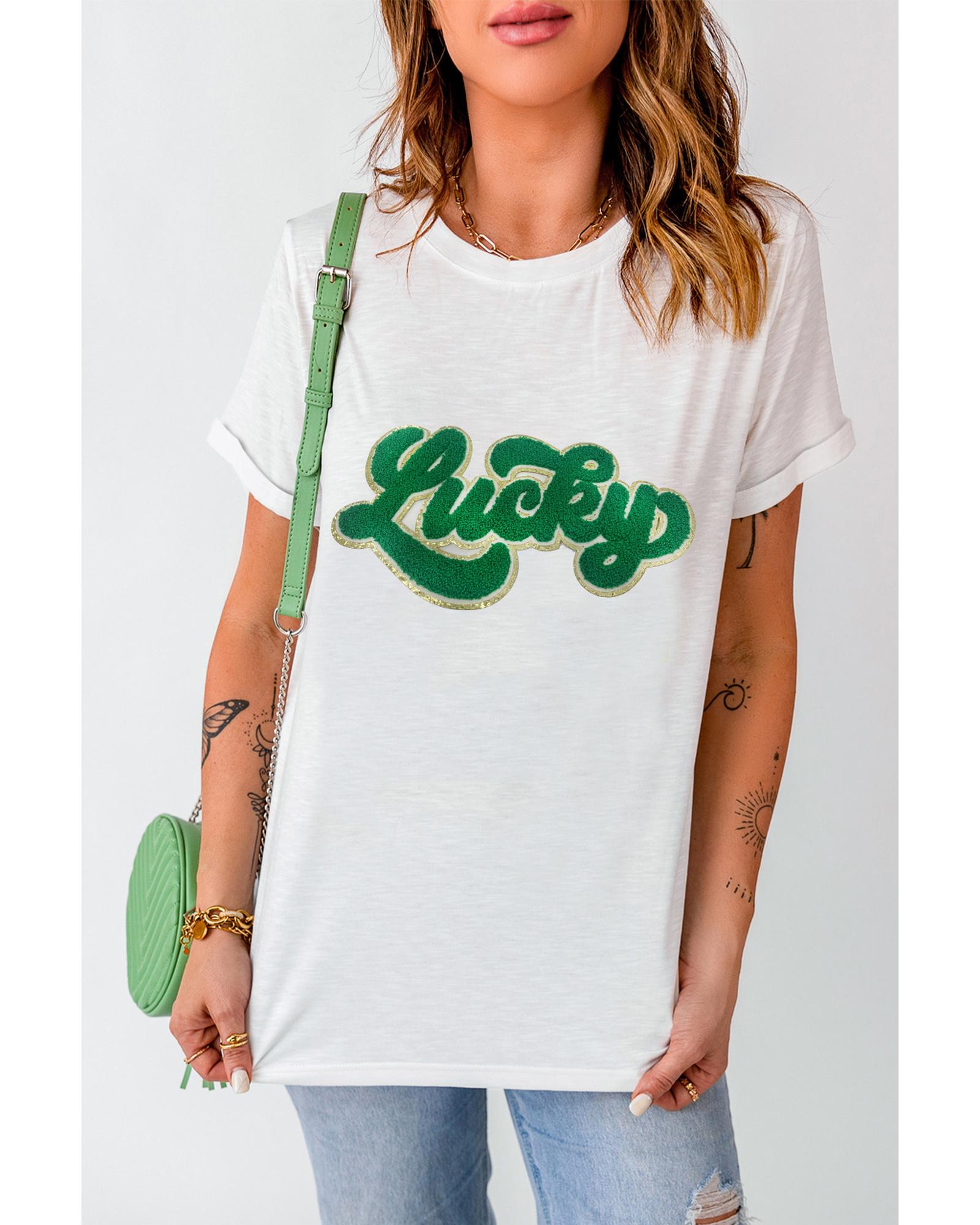 V539-AZEXDC25224712-1-XL-202508270730-00 White St. Patrick Lucky Chenille Glitter Patched Graphic T Shirt - XL - Image 1