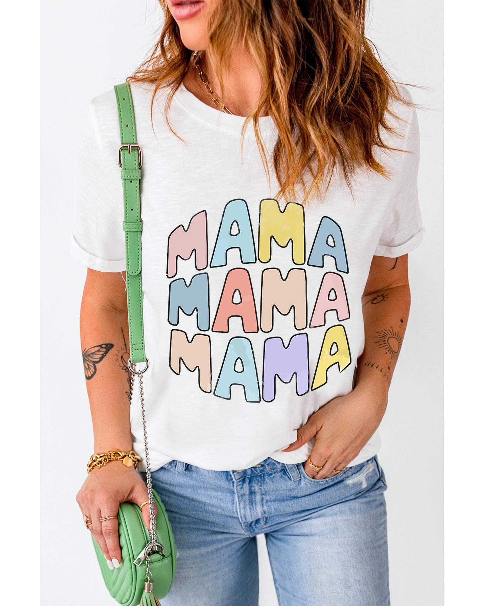 V539-AZEXDC25224897-1-M-202508270235-00 White MAMA Slogan Print Crew Neck Casual T Shirt - M - Image 1