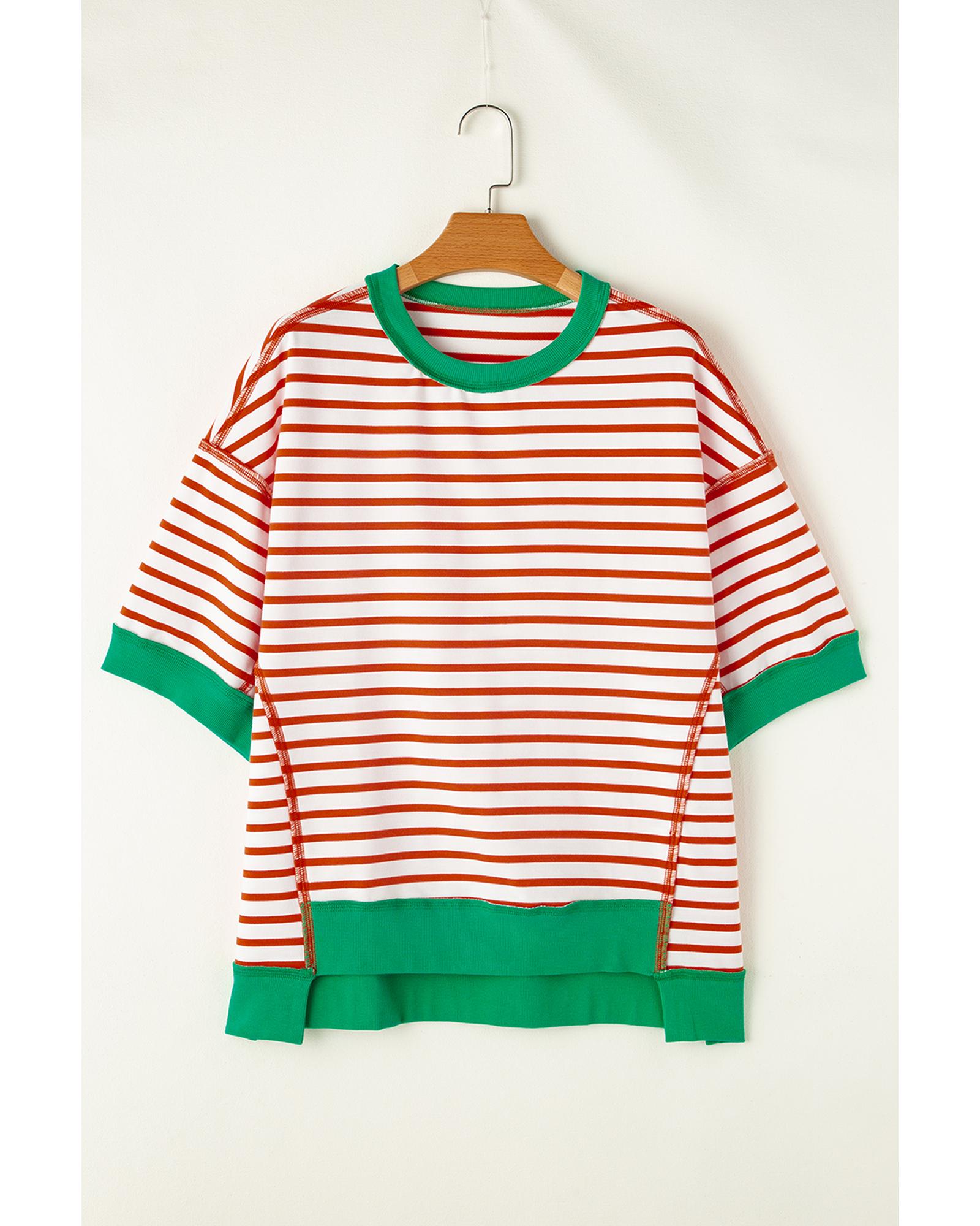 V539-AZEXDC25225034-P1419-L-202508280000-00 Orange Stripe Oversized Contrast Trim Exposed Seam High Low T Shirt - L - Image 1