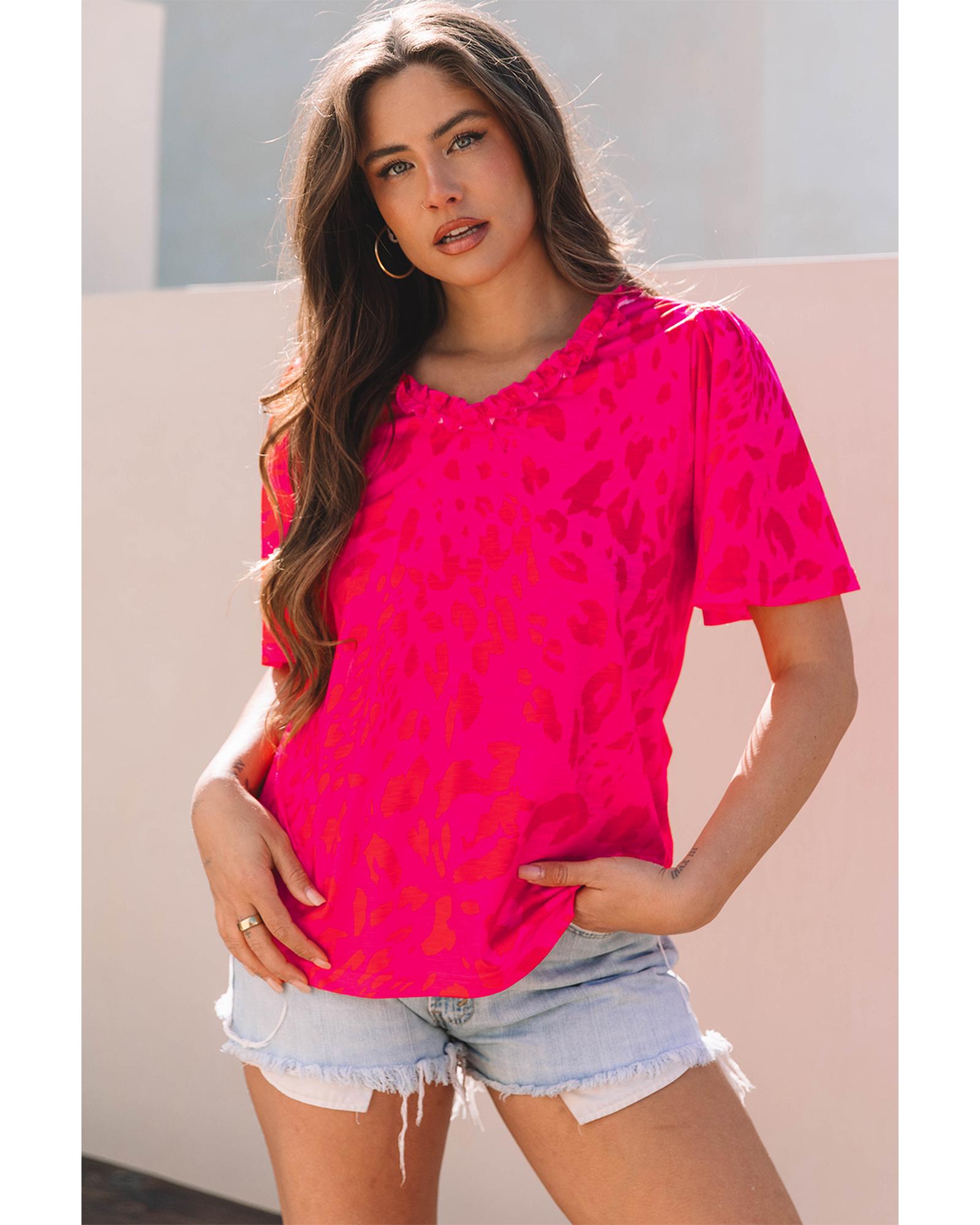 V539-AZEXDC25225310-P620-M-202508271950-00 Rose Leopard Frilly V Neck Short Sleeve Blouse - M - Image 1