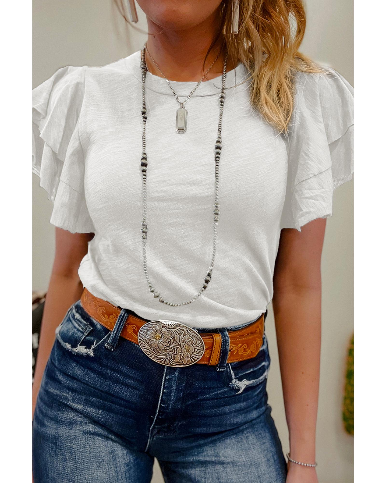V539-AZEXDC25225413-P1-L-202508270335-00 White Layered Ruffle Short Sleeve Round Neck Top - L - Image 1