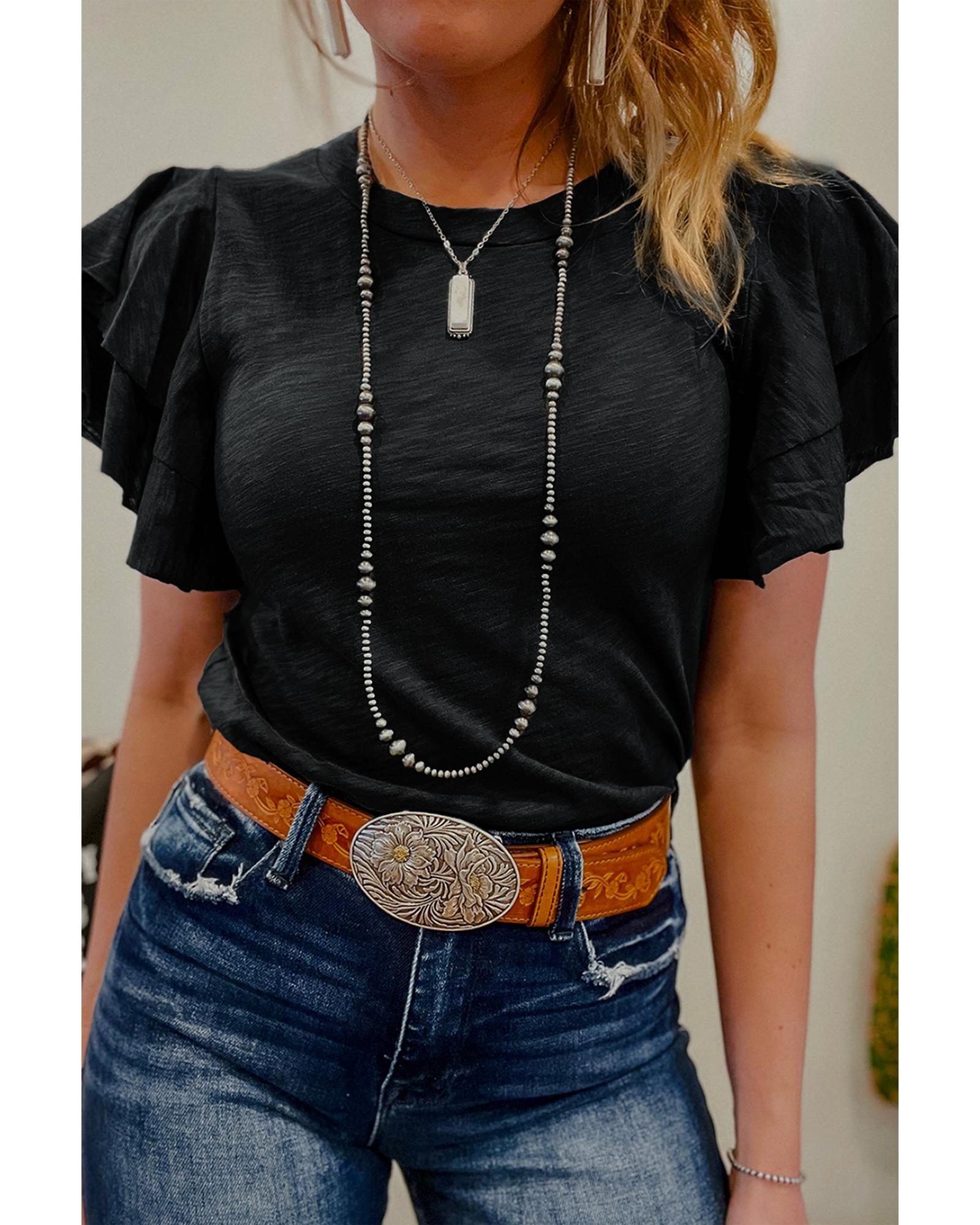V539-AZEXDC25225413-P2-S-202508271610-00 Black Layered Ruffle Short Sleeve Round Neck Top - S - Image 1