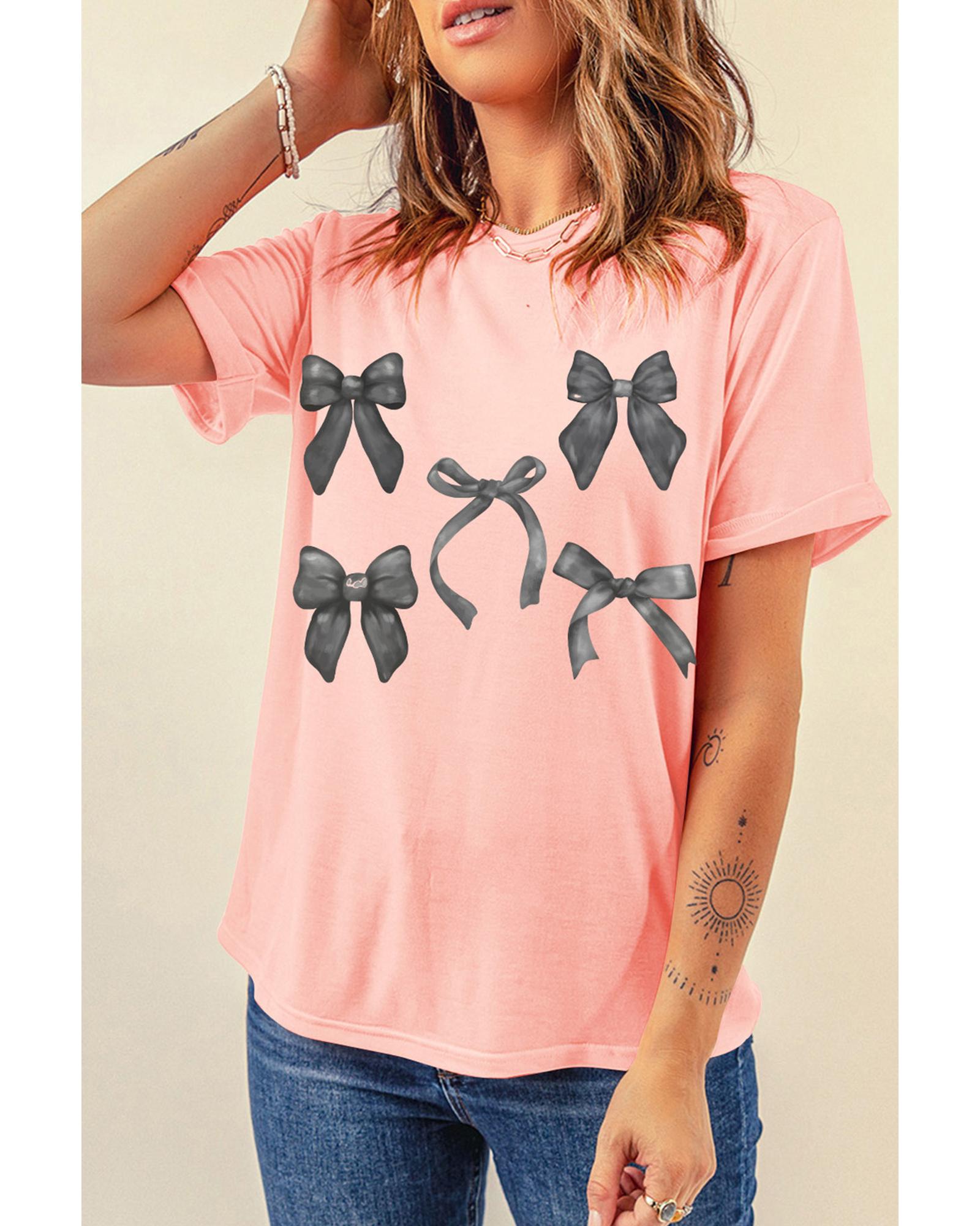 V539-AZEXDC25225449-10-M-202508272020-00 Pink Bow Knots Print Slim Fit Crew Neck T Shirt - M - Image 1