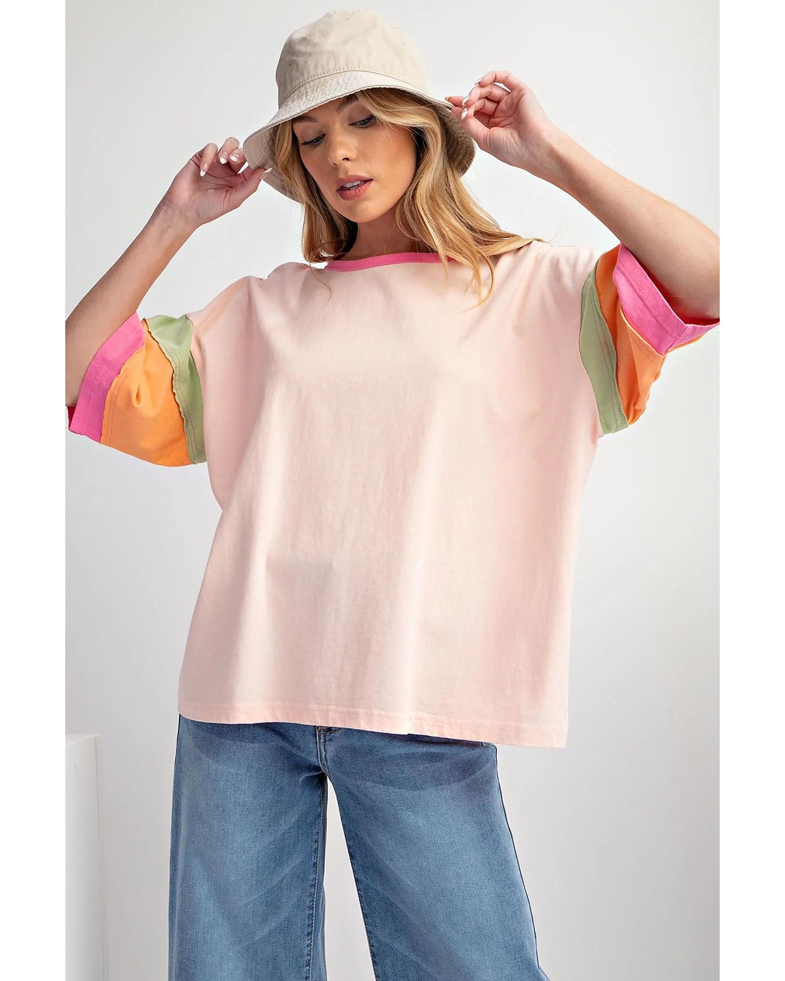 V539-AZEXDC25225570-P1022-L-202508270915-00 Pink Color Block Stitching Sleeve Round Neck Oversize Top - L - Image 1