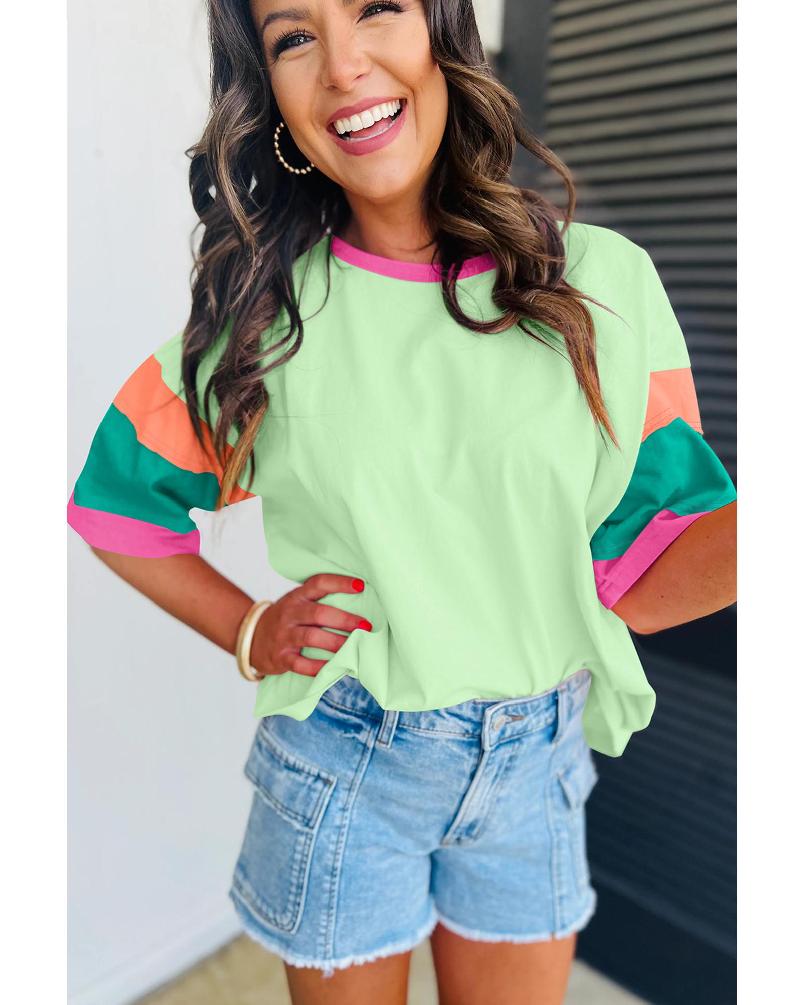 V539-AZEXDC25225570-P922-XL-202508272345-00 Green Color Block Stitching Sleeve Round Neck Oversize Top - XL - Image 1