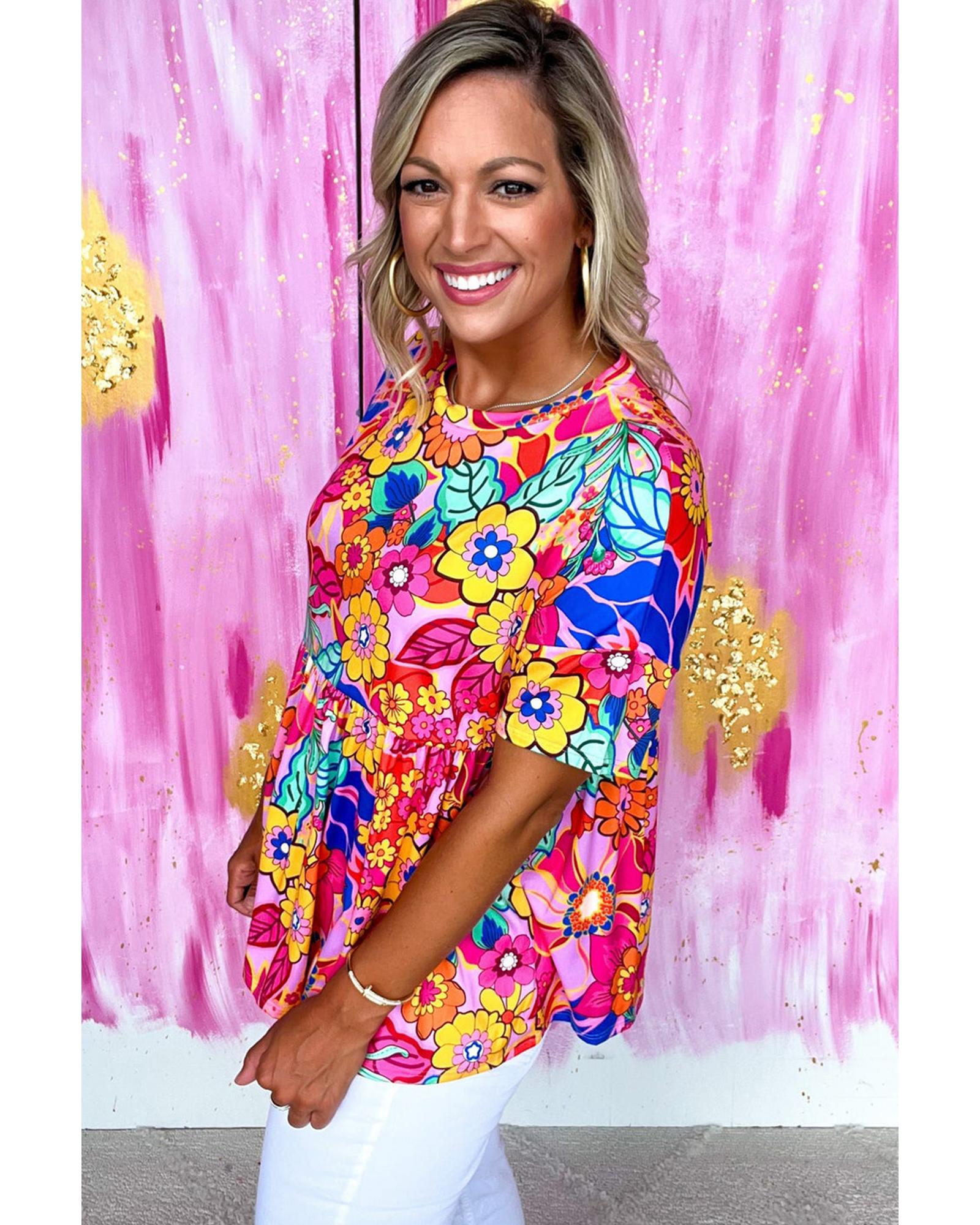 V539-AZEXDC25225682-P620-S-202506121037-00 Rose Floral Print Short Sleeve Pleated Babydoll Top - S - Image 1